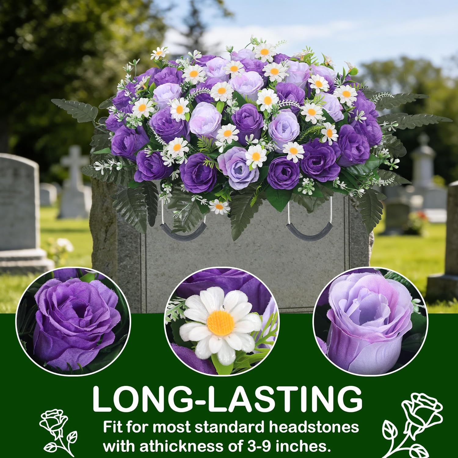 Headstone Flower Saddle,Large Artificial Cemetery Flowers For Grave Artificial Roses Daisy Saddle For Cemetery Headstone (Purple)