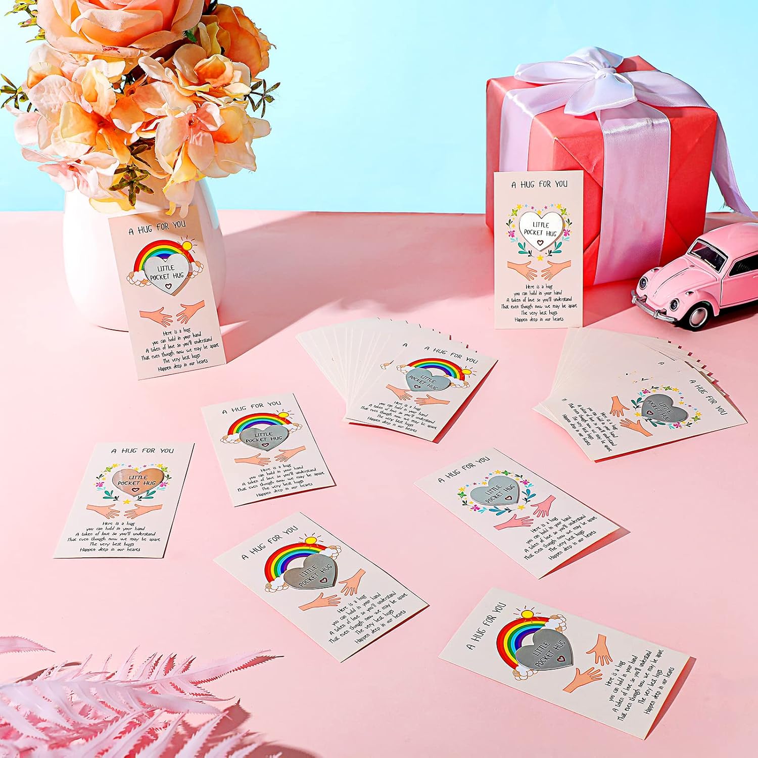 40 Sets Little Heart Pocket Hug Token Metal Heart Token Hug Card Greeting Cards Keepsake For Friends Colleagues Family Distance Social Present During Lockdown (Silver)
