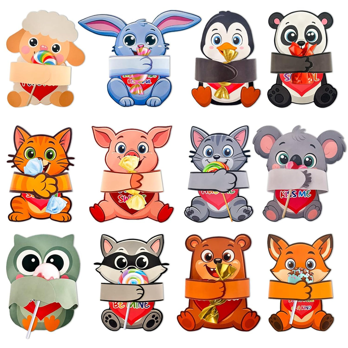 36Pcs Valentines Day Cards For Kids Classroom, Valentine’S Day Candy Holder Gifts Cards For Classroom Exchange Activity, Kids Valentine Exchange Candy Card For Class Party, 12 Animals Designs