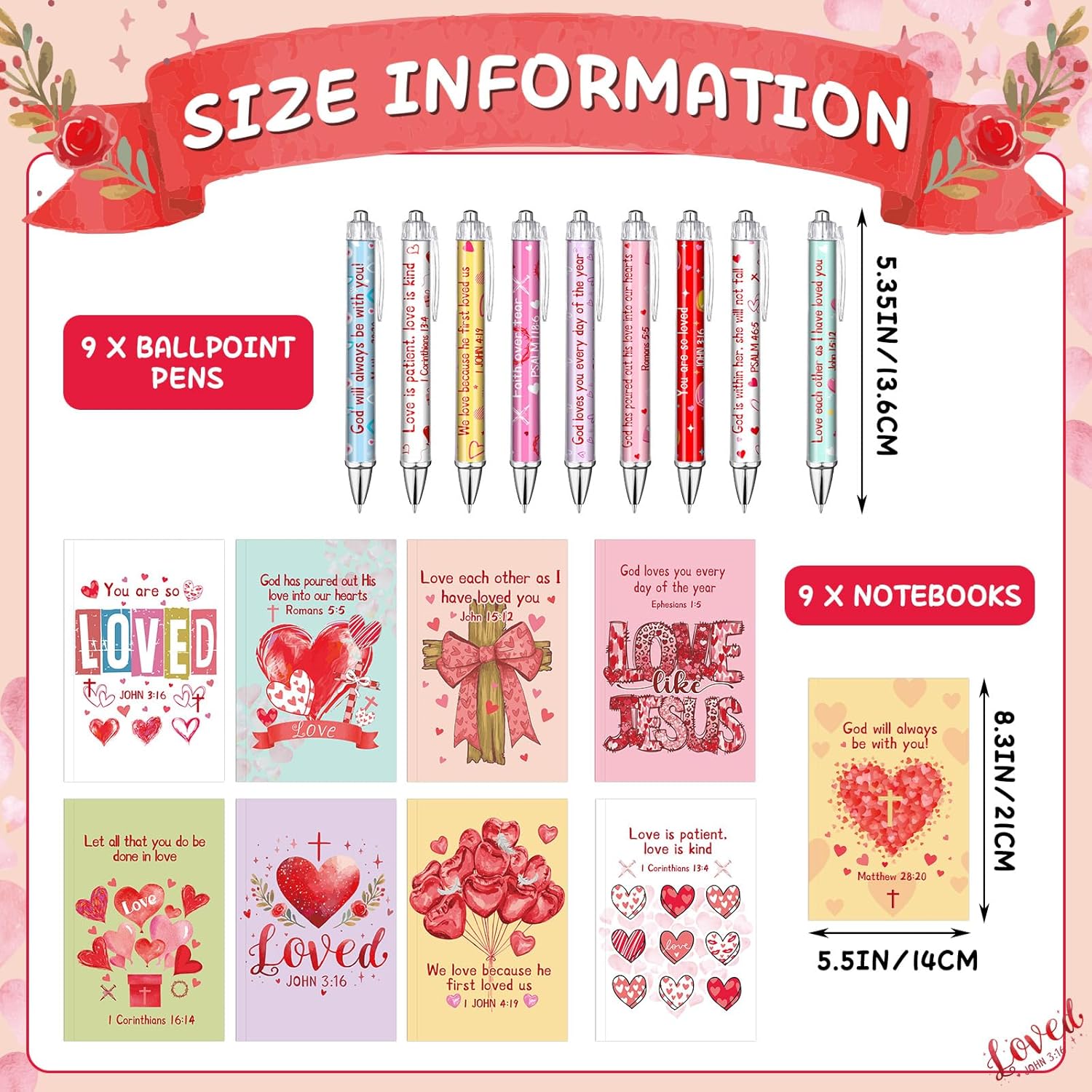 18 Pcs Christian Valentine'S Day Notebooks & Pens Set 9 Religious Bible Journals 9 Verse Jesus Ballpoint Pens, Faith Stationery Gift For Women, Church Members, Study Group, Vbs Sunday School