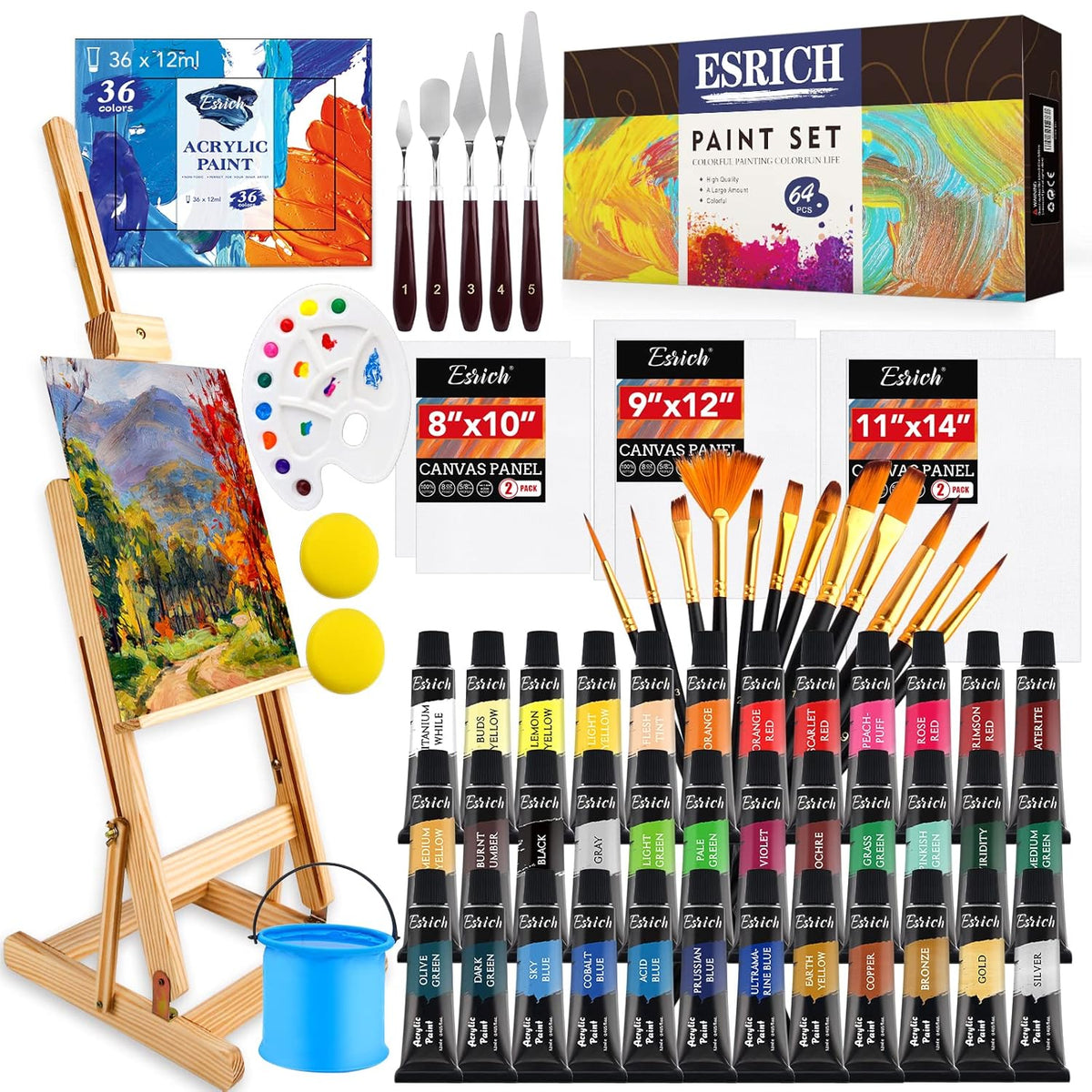 Acrylic Paint Set, 64Pcs Painting Supplies With Wooden Easel, Brushes, 36 Colors Acrylic Paint, Canvases, Palette, Paints Knives Etc, Painting Kit For Adults, Students, Hobbyists, Beginners