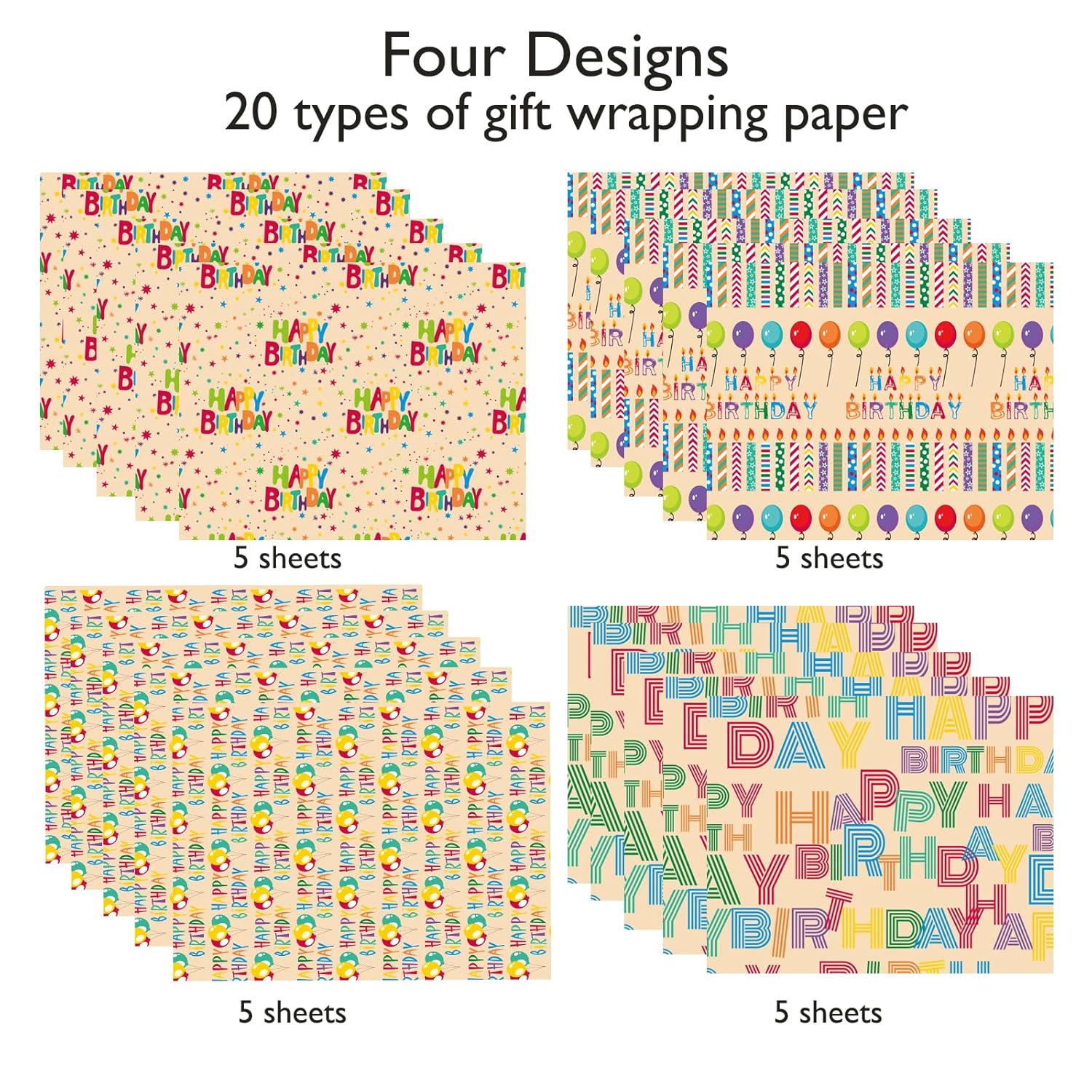 Birthday Wrapping Paper For Boys Girls Women Men,20 Sheets Gift Wrapping Paper With “Happy Birthday” Balloons, Colorful Stripes - Holiday Gift Wrap 27.5×19.7 Inches.