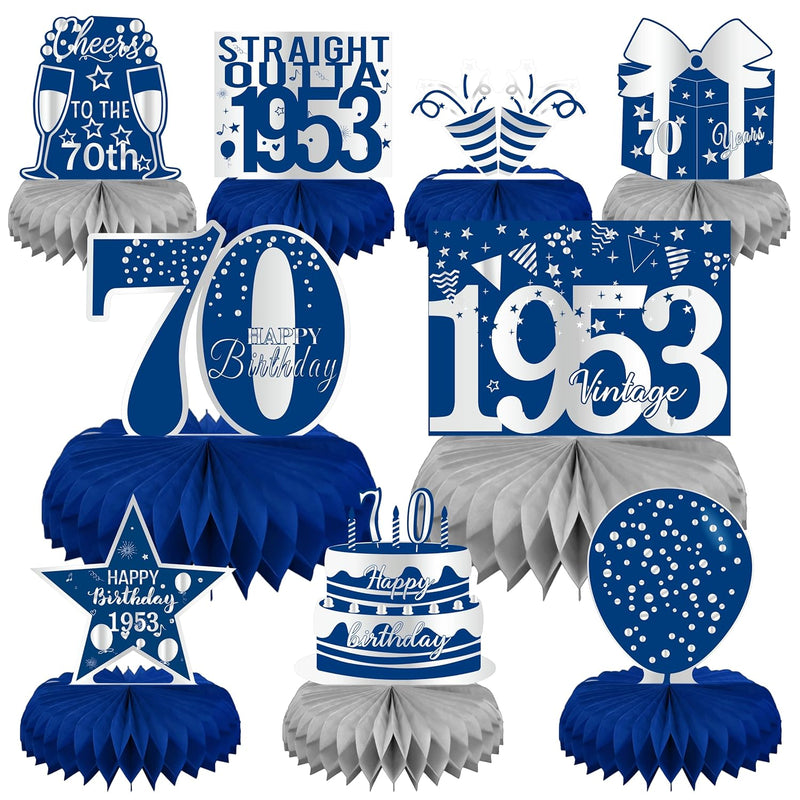 70Th Birthday Decorations For Men - Blue And Silver Honeycomb Centerpi