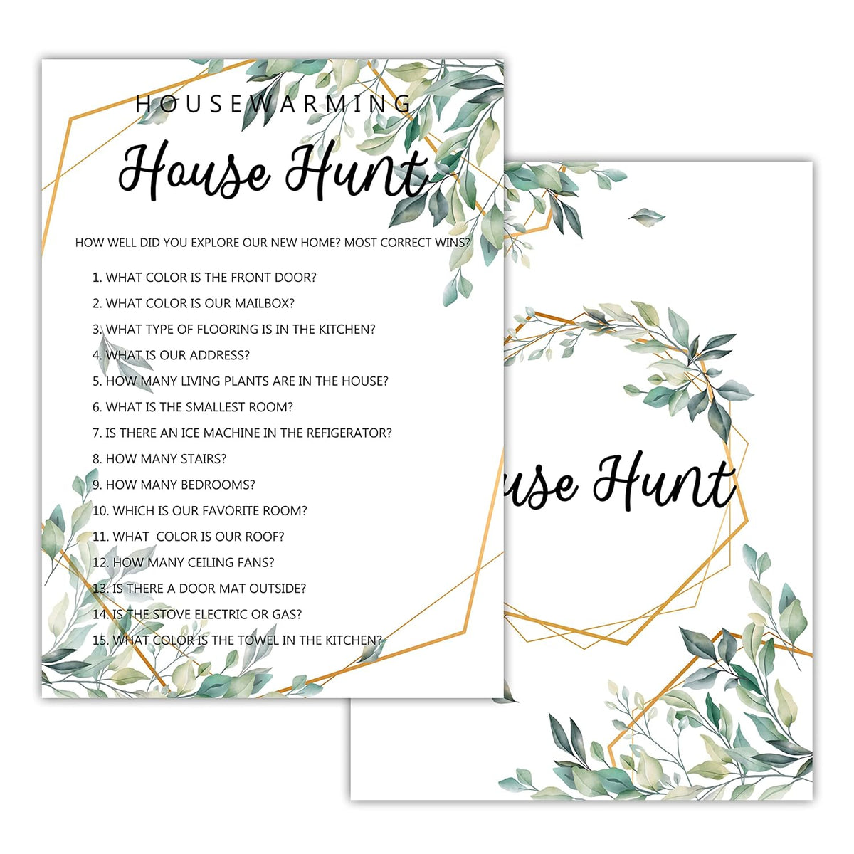 Housewarming Party Games, House Hunt, Greenery New Home, New House, New Homeowner Party Games Cards, 30 Sheets Each Pack