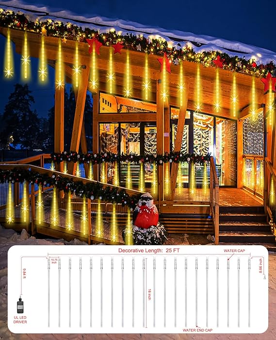 Outdoor Christmas Meteor Shower Lights 16 Inch 20 Tube Warm White Waterproof Falling Rain Icicle Lights