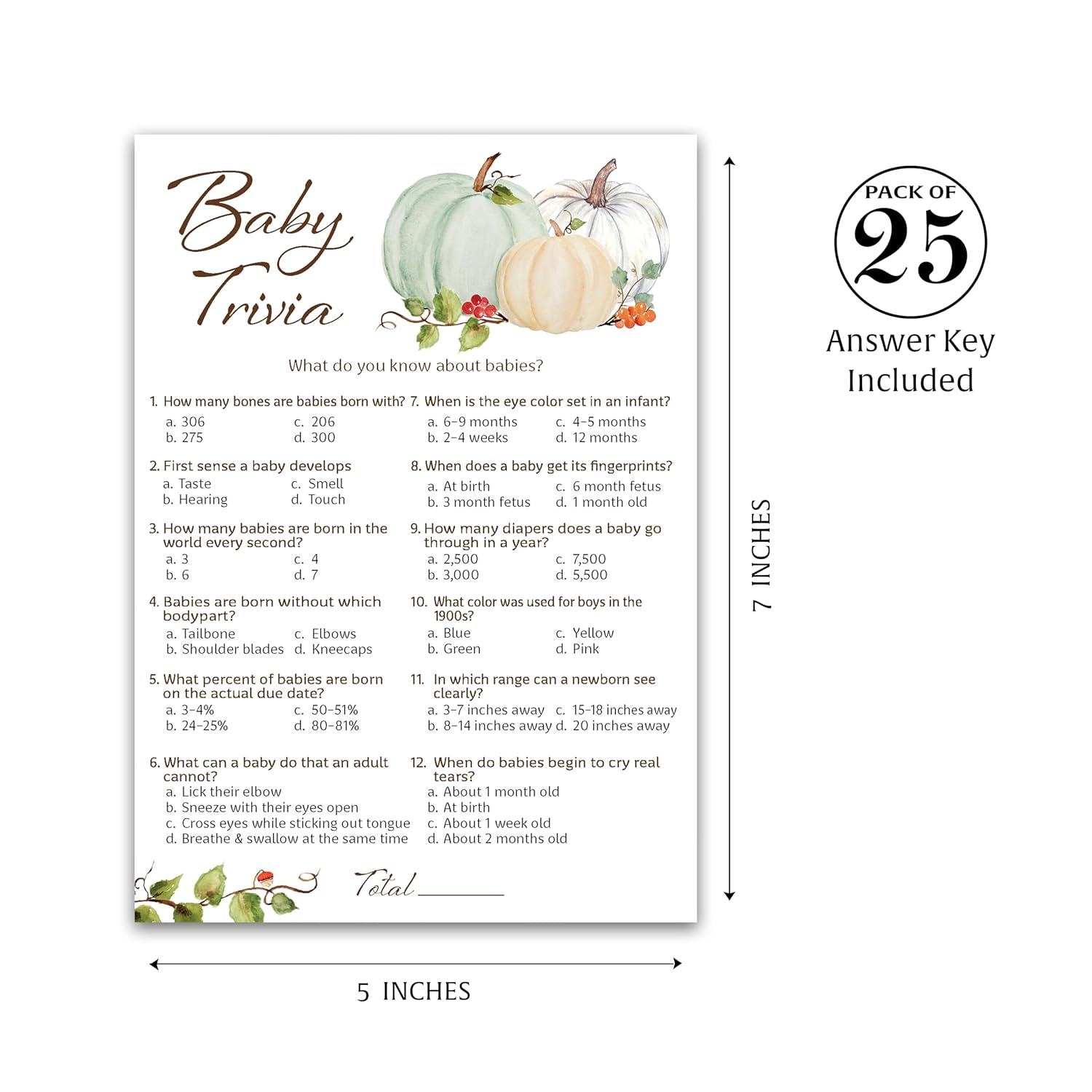 White Pumpkins Baby Shower Games, Baby Trivia Game - Pack Of 25 - Fall Baby Shower Activity, Rustic Gender Neutral Little Pumpkin Autumn Couples Shower, Fun Baby Facts Gender Reveal Party G332-Trv