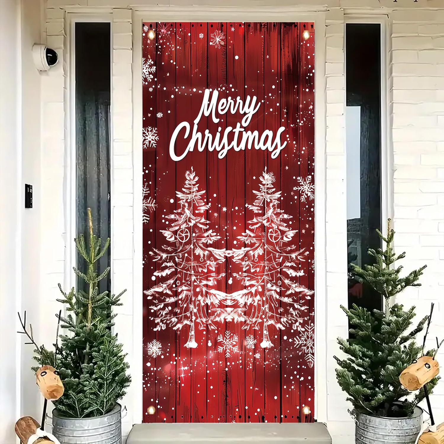 Merry Christmas Door Cover Banner 35X71 Inch Winter Holiday Red Wood Wall Backdrop Snowflake Tree Door Cover Seasonal Front Porch Hanging Welcome Sign For Xmas Decorations