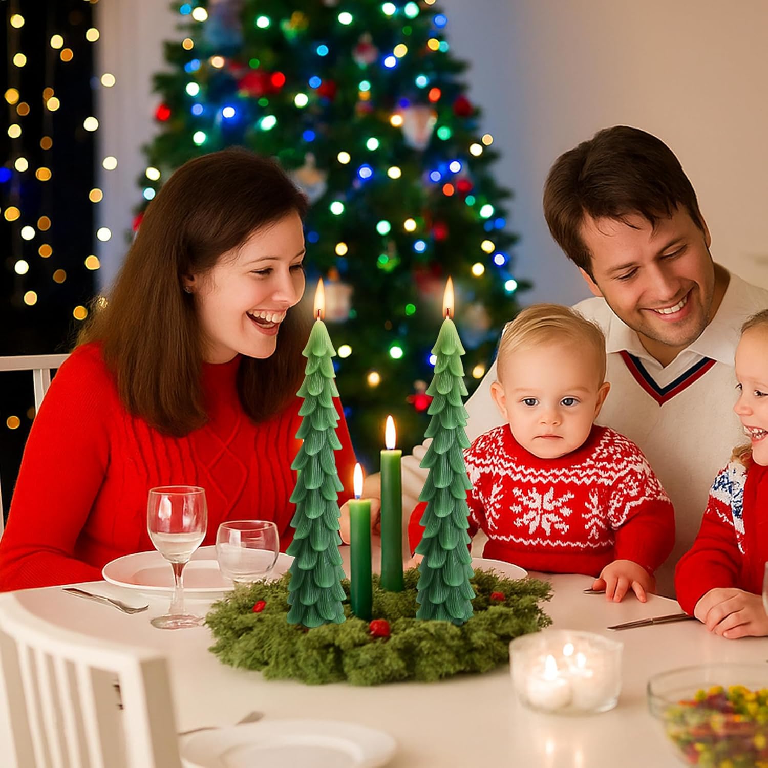 4 Pcs Christmas Tree Taper Candles-10 Inch Unscented Tree Shaped Taper Candle-Green Christmas Decorative Tree Candles For Home Decor Party Centerpiece Decoration