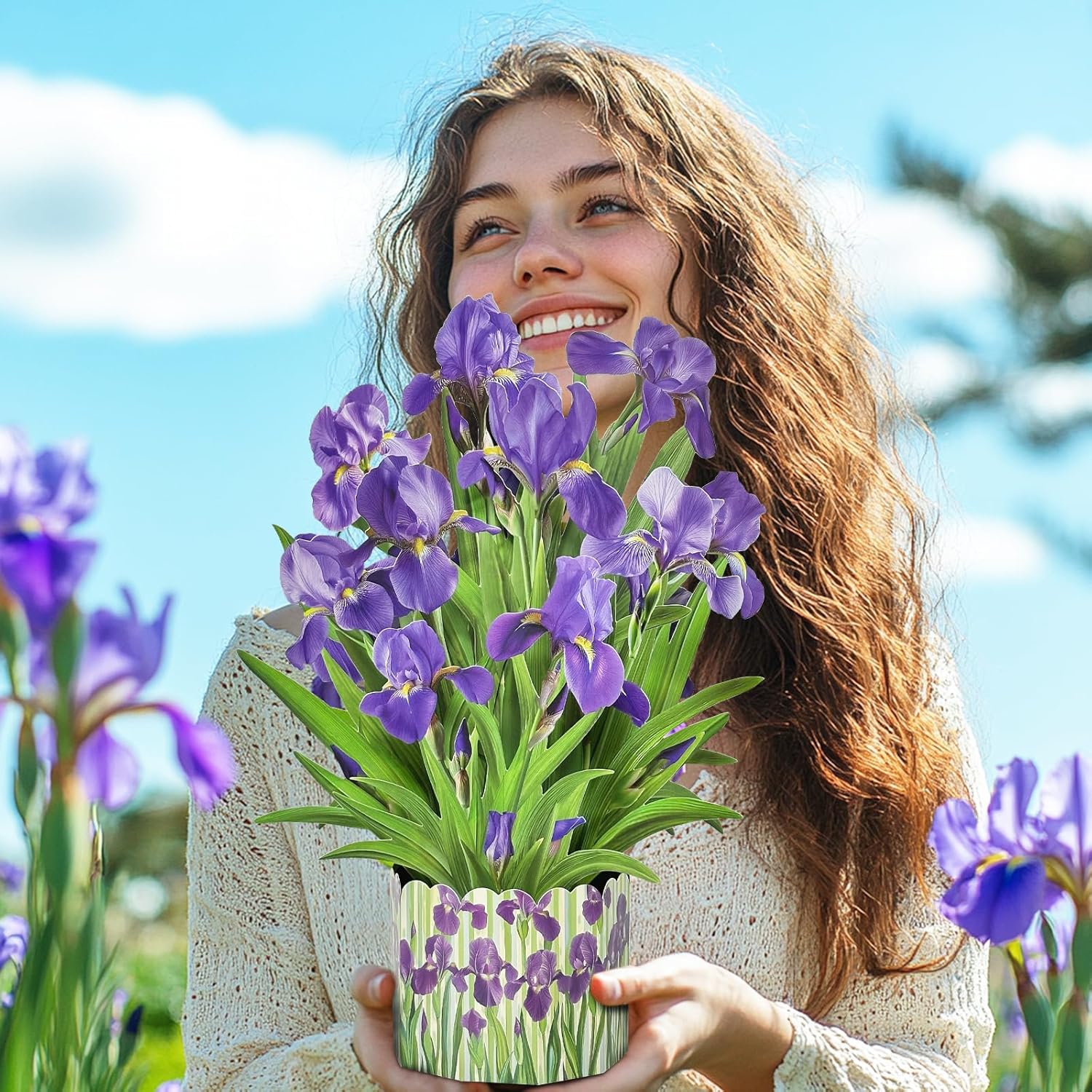 3D Greeting Cards Pop Up Cards 16" Iris Paper Flower Bouquet Gifts For Women Mom Wife Birthday, Anniversary, Get Well Cards With Note Card & Envelope, Romantic Iris