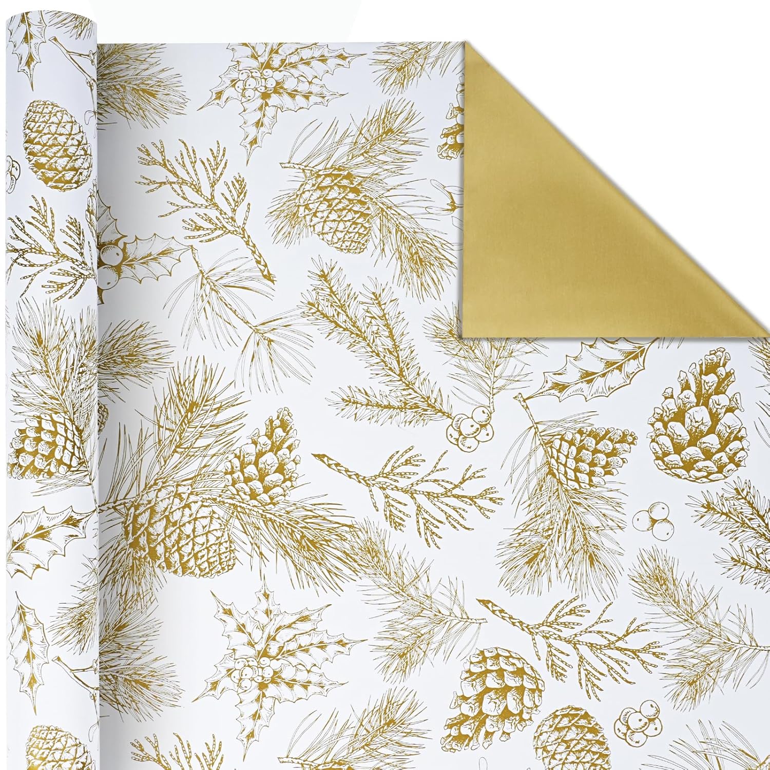 Reversible Christmas Wrapping Paper - 17 Inch X 33 Feet (46.7 Sq. Ft. Ttl.) - Vintage Gold Holly Design Perfect For Xmas, Party, Holiday Gift Wrap