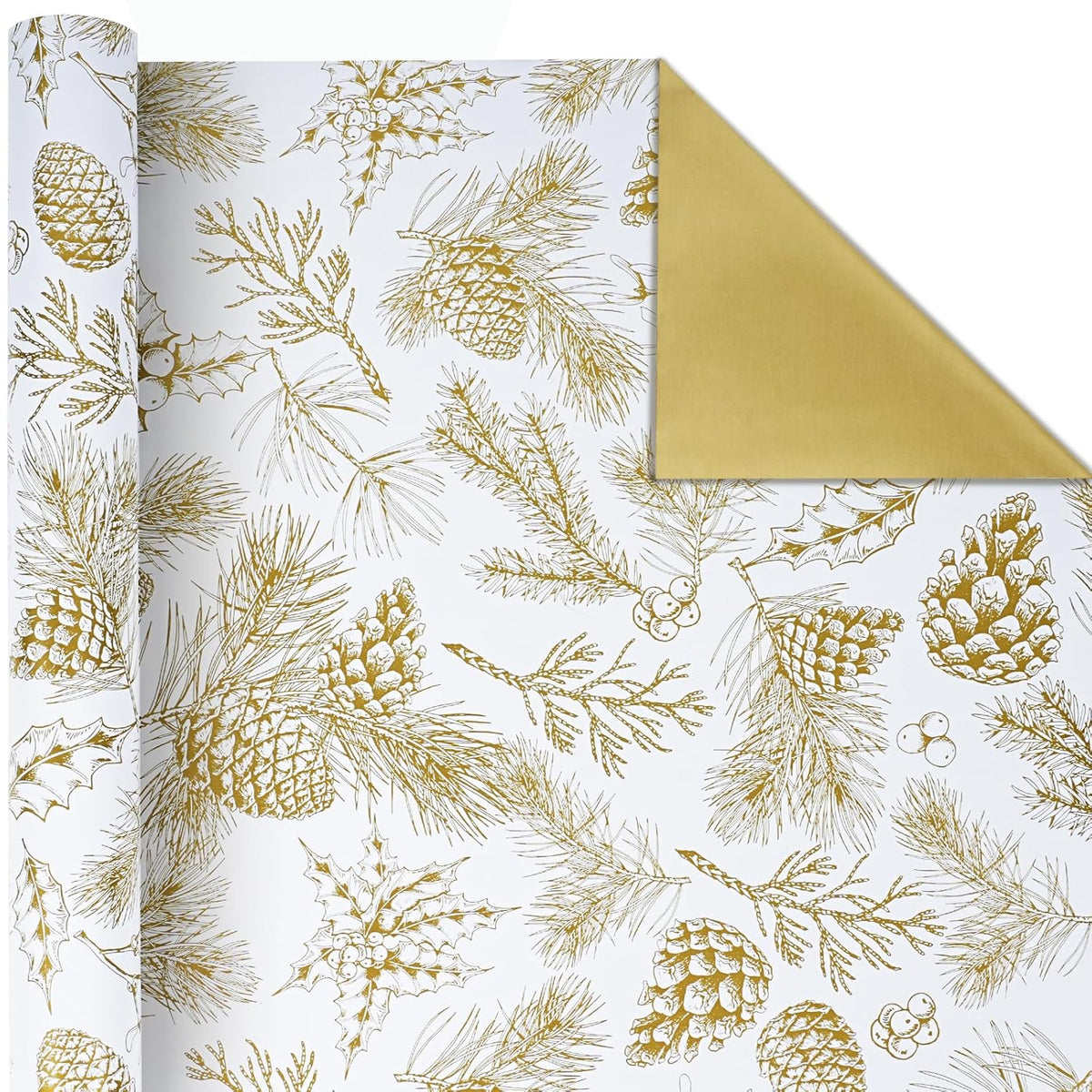 Reversible Christmas Wrapping Paper - 17 Inch X 33 Feet (46.7 Sq. Ft. Ttl.) - Vintage Gold Holly Design Perfect For Xmas, Party, Holiday Gift Wrap