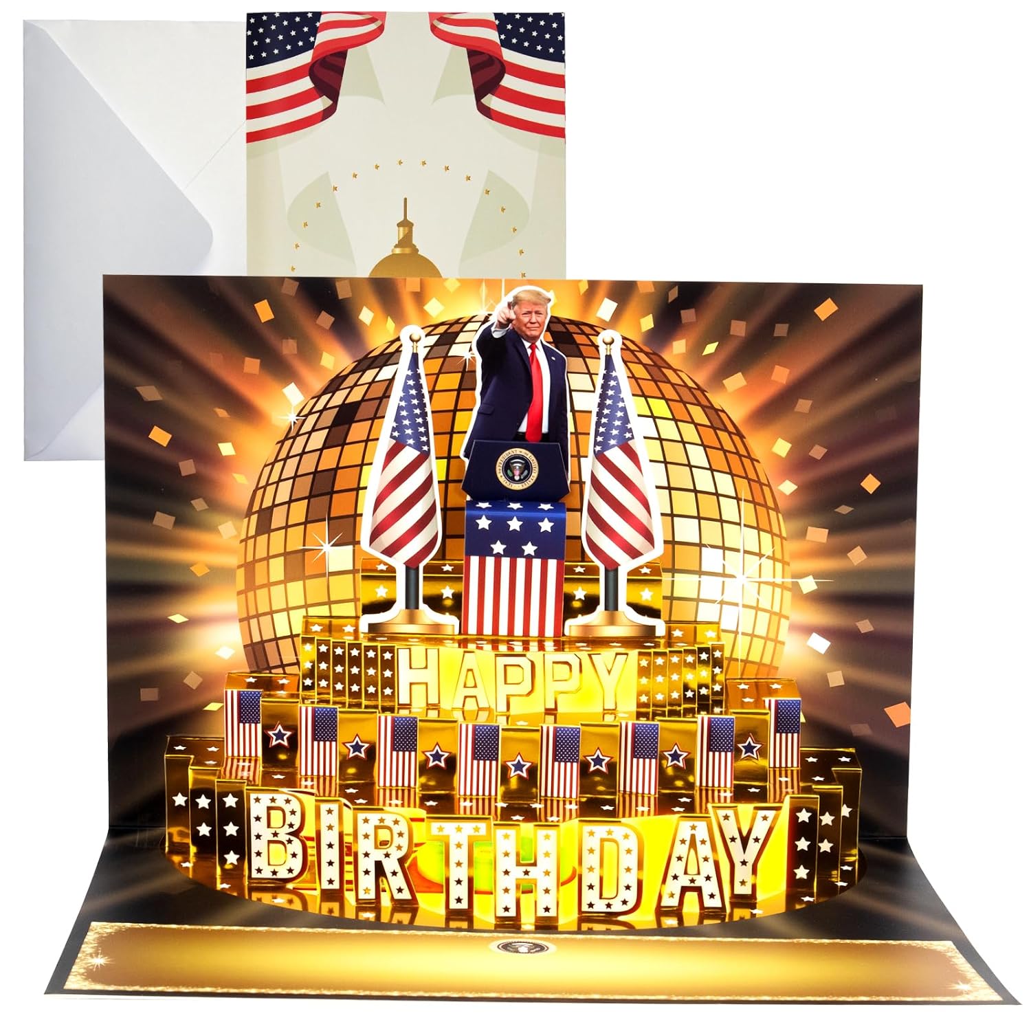 Birthday Card, Talking Donald President Greeting Cards With Real Voice Message & Light For Men And Women, Parents, Couples (Birthday -Golden Cake)
