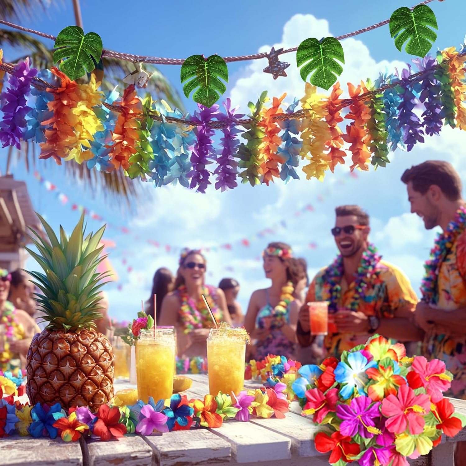 70 Pcs Hawaiian Luau Leis Decorations Supplies, Tropical Palm Leaves Hibiscus Flowers Simulation Artificial Leaf For Birthday Baby Shower Summer Beach Pool Party Decorations Favors Supplies
