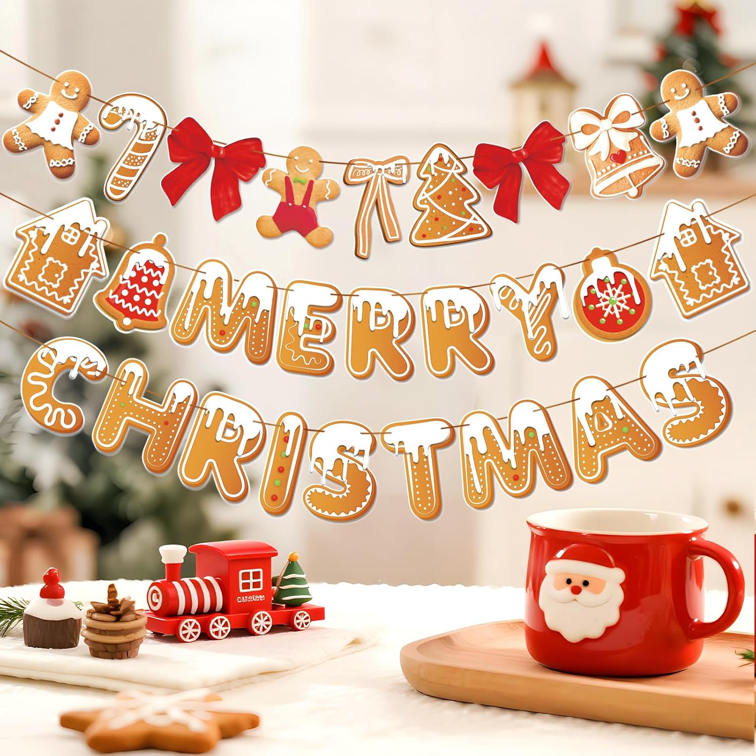 Merry Christmas Banner Gingerbread Christmas Hanging Decoration 3Pcs Gingerbread Theme Garland Banner For Holiday Home Office Fireplace Wall Decor Outdoor Indoor Xmas Party Banner