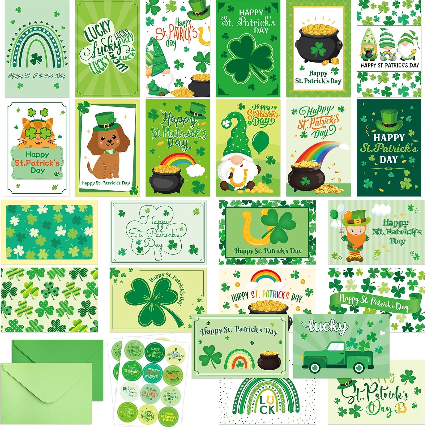 24Pcs St. Patrick'S Day Cards Assorted Shamrock Green Greeting Cards With Envelopes And Stickers For Happy St Patrick'S Day Supplies