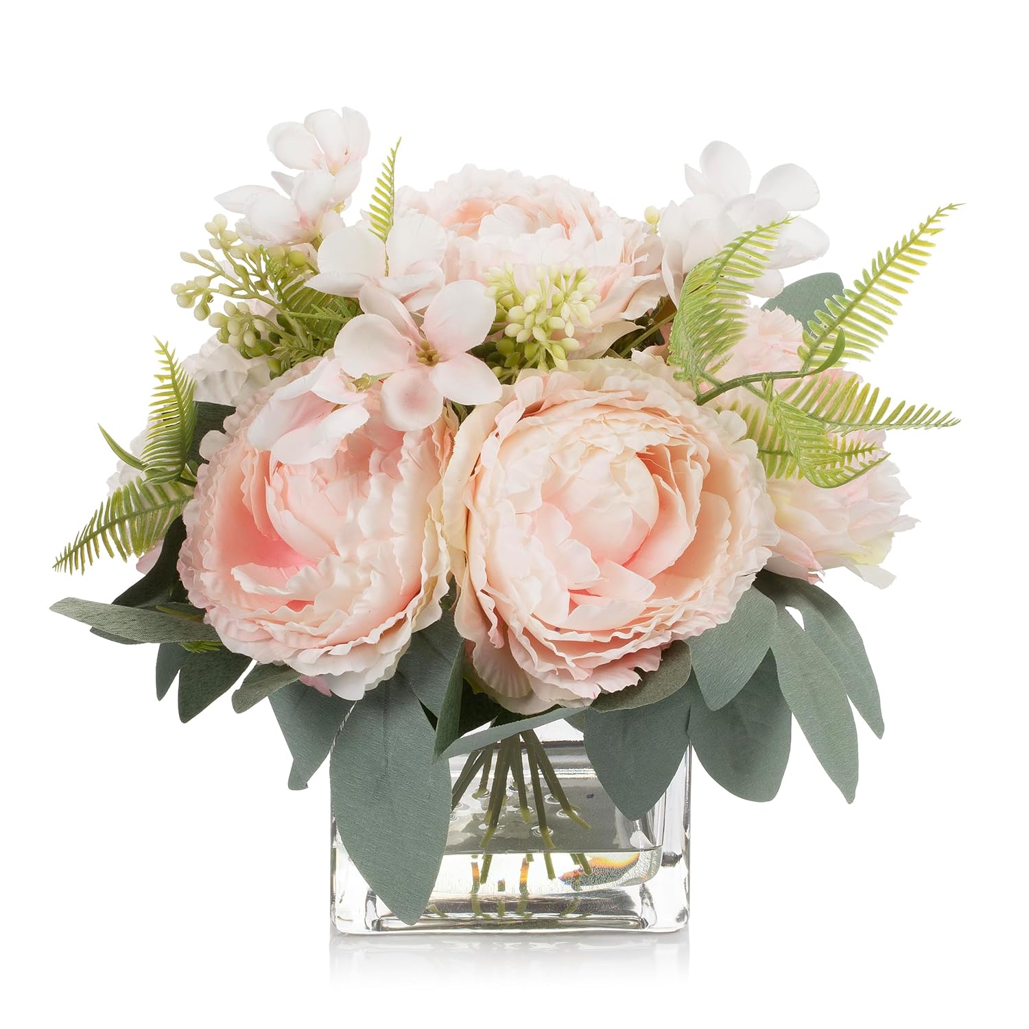 Artificial Flower Arrangement With Vase,Mixed Artificial Silk Peony Flower In Vase For Decoration Home Office, Wedding Centerpiece (Pink)