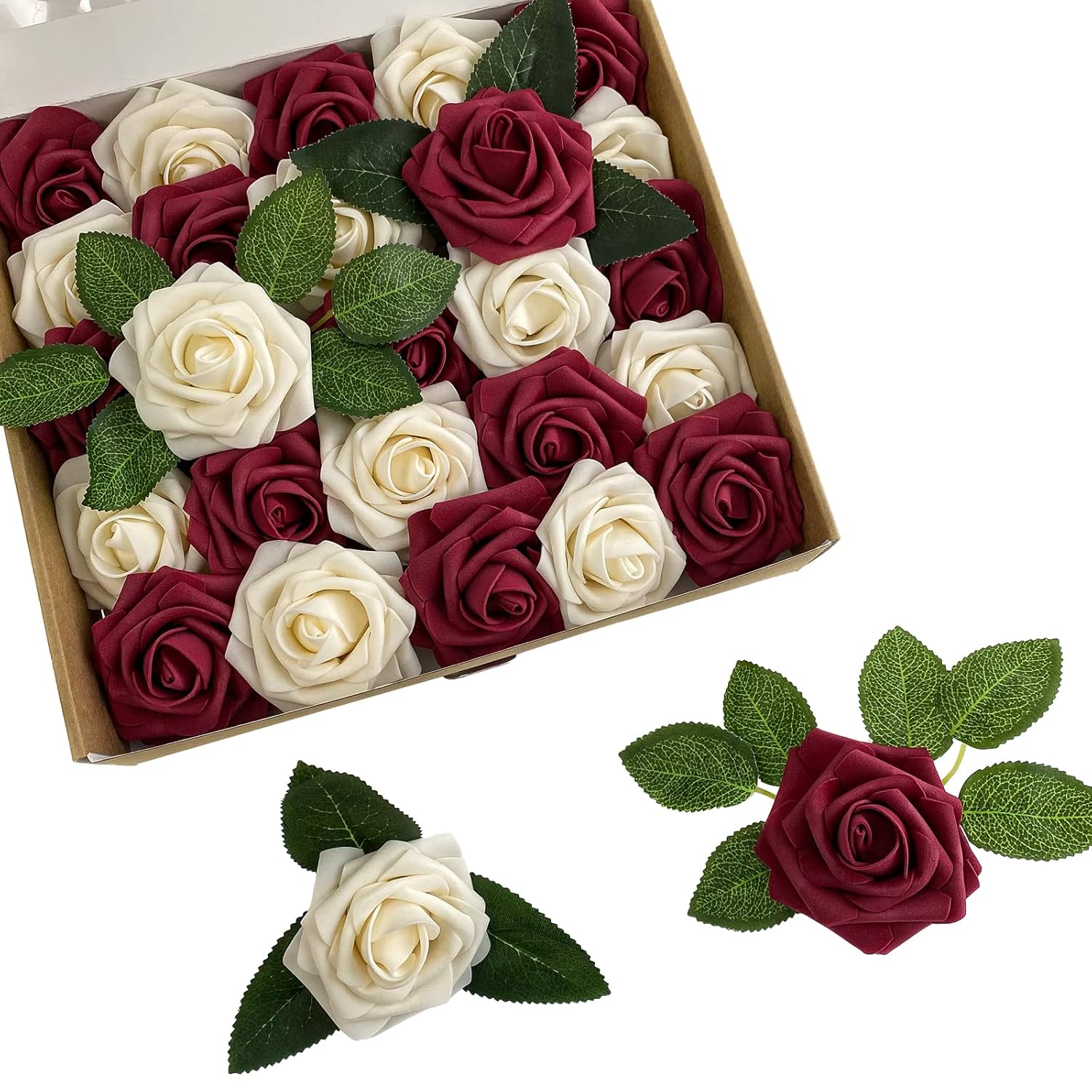 Artificial Flowers 25 Pcs Fake Burgundy Champagne Roses For Diy Wedding Bouquets Bride Cake Flower Decor Table Centerpieces Floral Arrangements Party Home Table Decorations