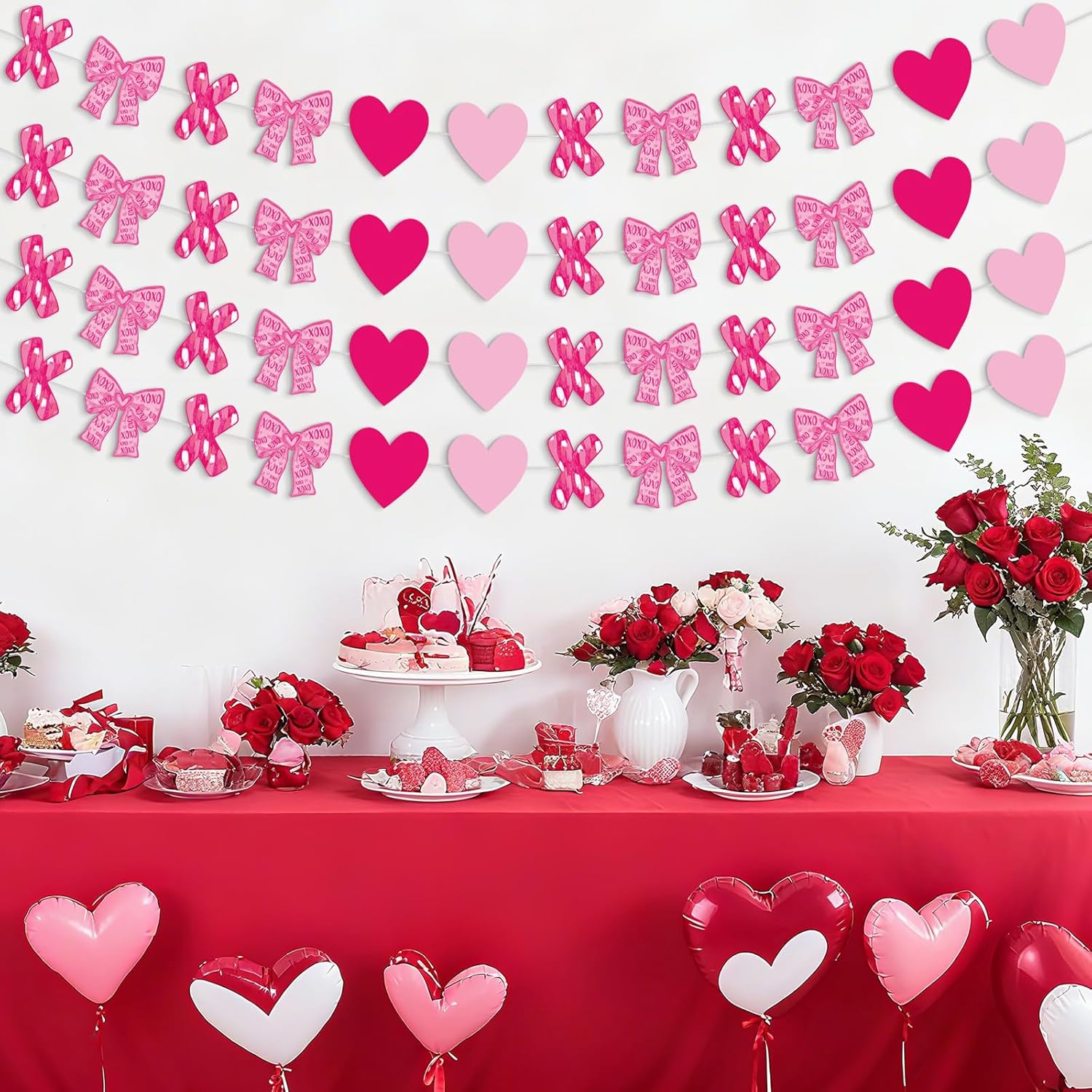 4 Pcs Pink Xoxo Heart Garland Valentines Day Pink Bow Decorations Banner Heart Hanging Garland Romantic Xoxo Banner For Valentine Anniversary Wedding Party Decorations Supplies