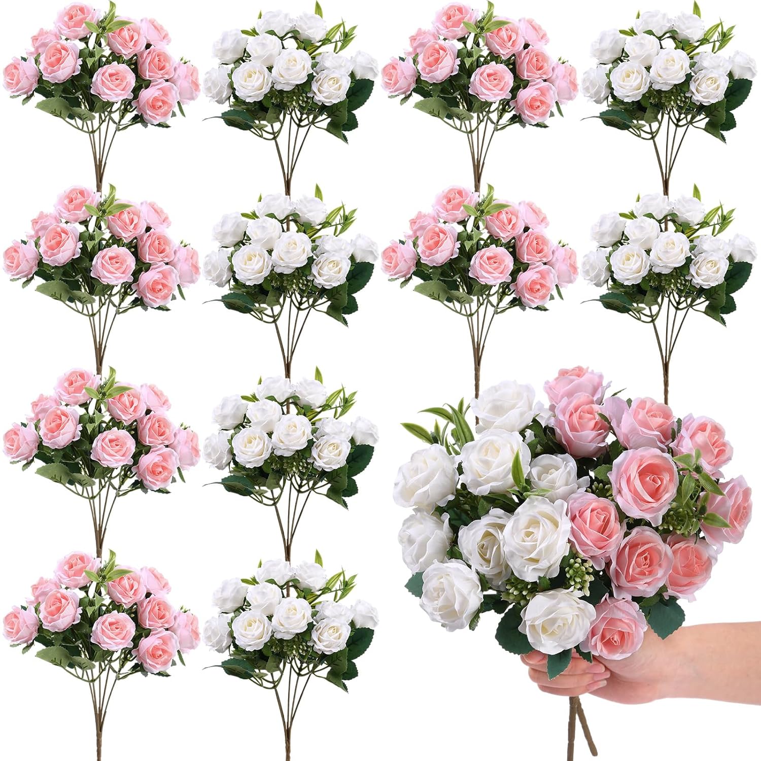 12 Bunches Valentine'S Day 12 In Mini Rose Artificial Flower Wedding Table Centerpieces Artificial Silk Roses Flower 120 Heads White And Pink Fake Bouquet For Bridal Shower Party Decoration