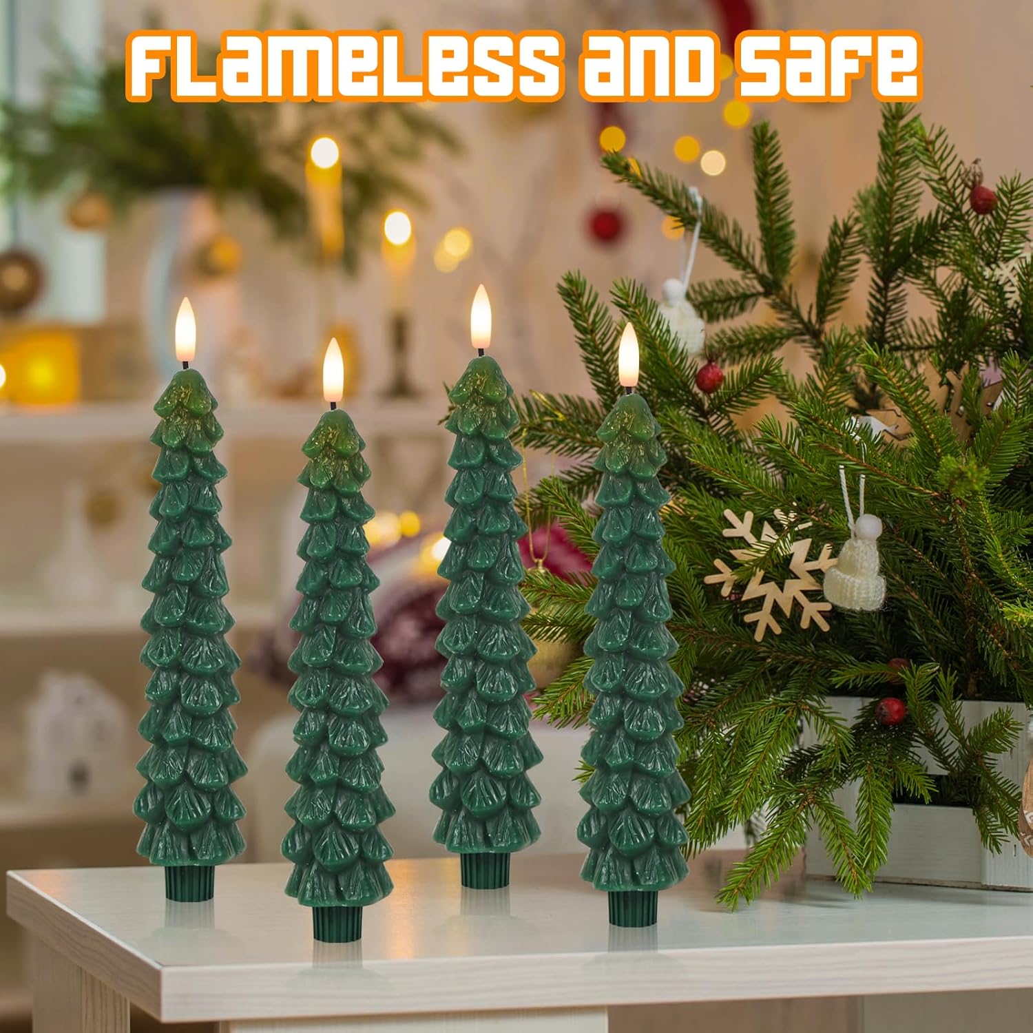 Christmas Tree Candles With Remote Timer, 4 Pcs Waxy Flameless Taper Candles Flickering, Battery Operated Led Candlesticks With 3D Flame Wick, Green Window Candle For Christmas Decorations