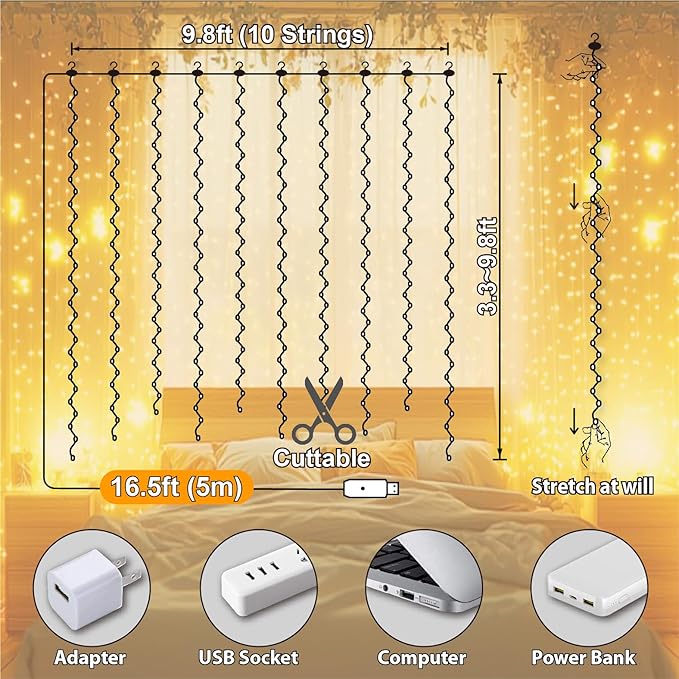 300 LED Curtain Lights 9.8FT x 9.8FT Warm White Fairy String Lights with Remote 8 Modes for Bedroom Wedding Party Decor