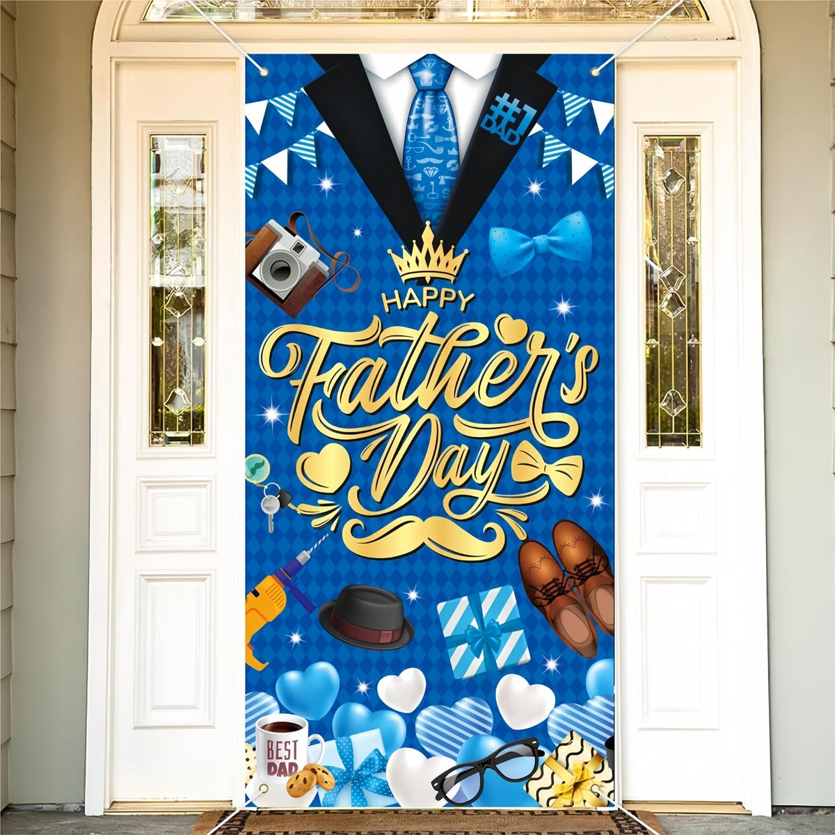 Happy Fathers Day Decorations Banner Fathers Day Door Cover Banner for Indoor Outdoor Fathers Day Party Decoration Supplies, 35.4 x 70.8 inch
