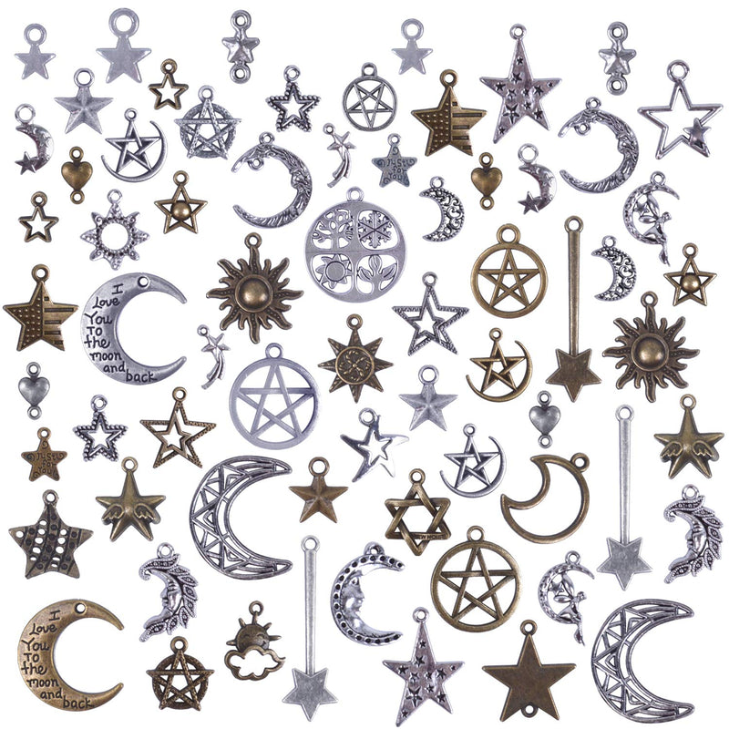 100 Gram(Approx 73 Pieces) Mixed Sun Moon Star Charms Antique Celestial Charms