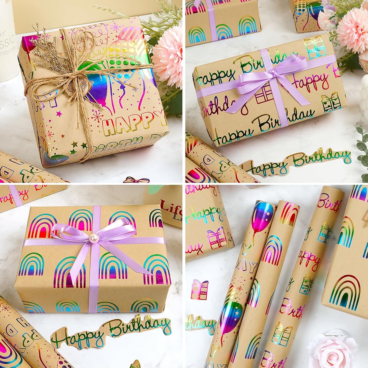 Birthday Wrapping Paper Roll, 3 Rolls Colorful Metallic Gold Foil Gift Wrapping Paper, Happy Birthday Rainbow Balloon Kraft Gift Wrapping Paper For Birthday Party Baby Shower, 17×118 Inch Per Roll