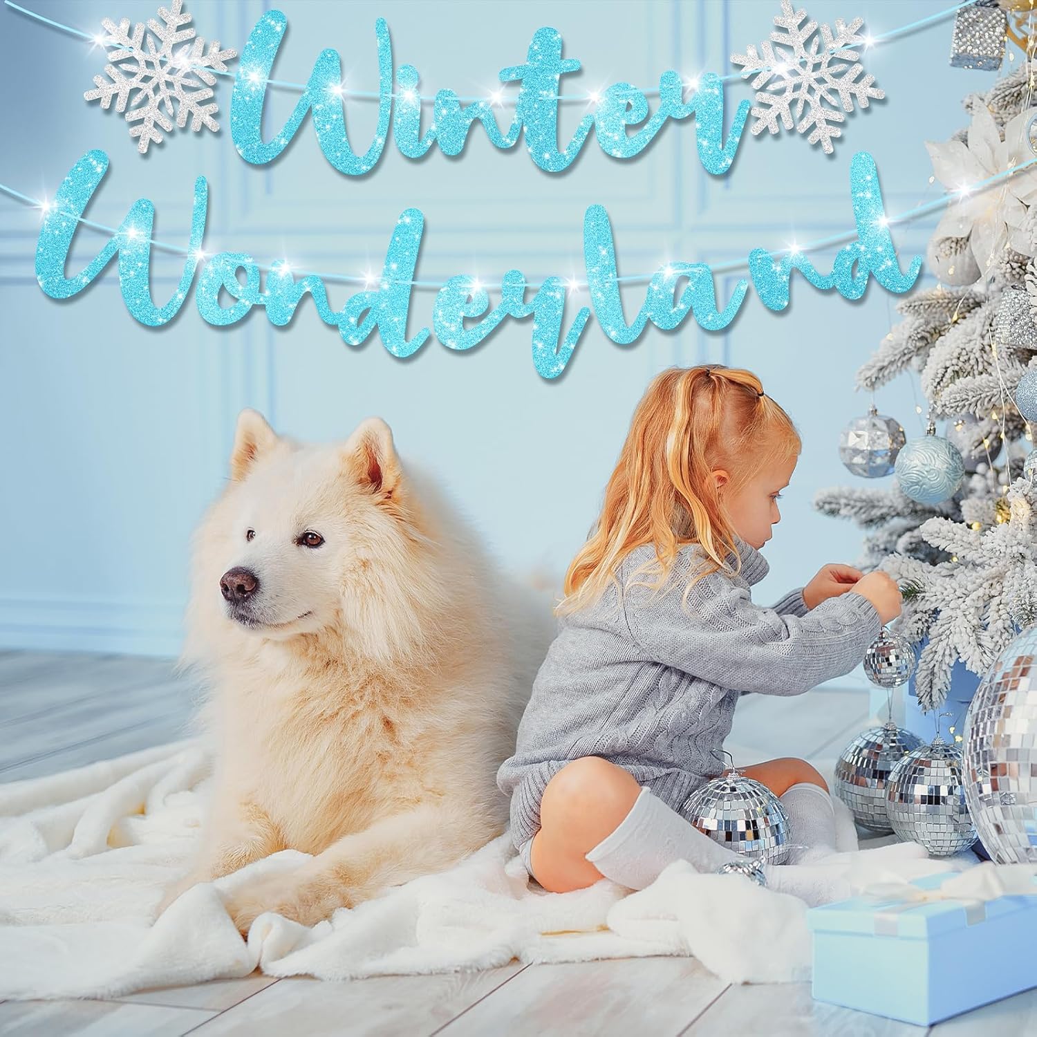 Light Up Winter Wonderland Banners Garland Snowflake Party Decorations For Christmas Glittery Holiday Garland For Winter Birthday Home Office Decor, 6.56 Feet