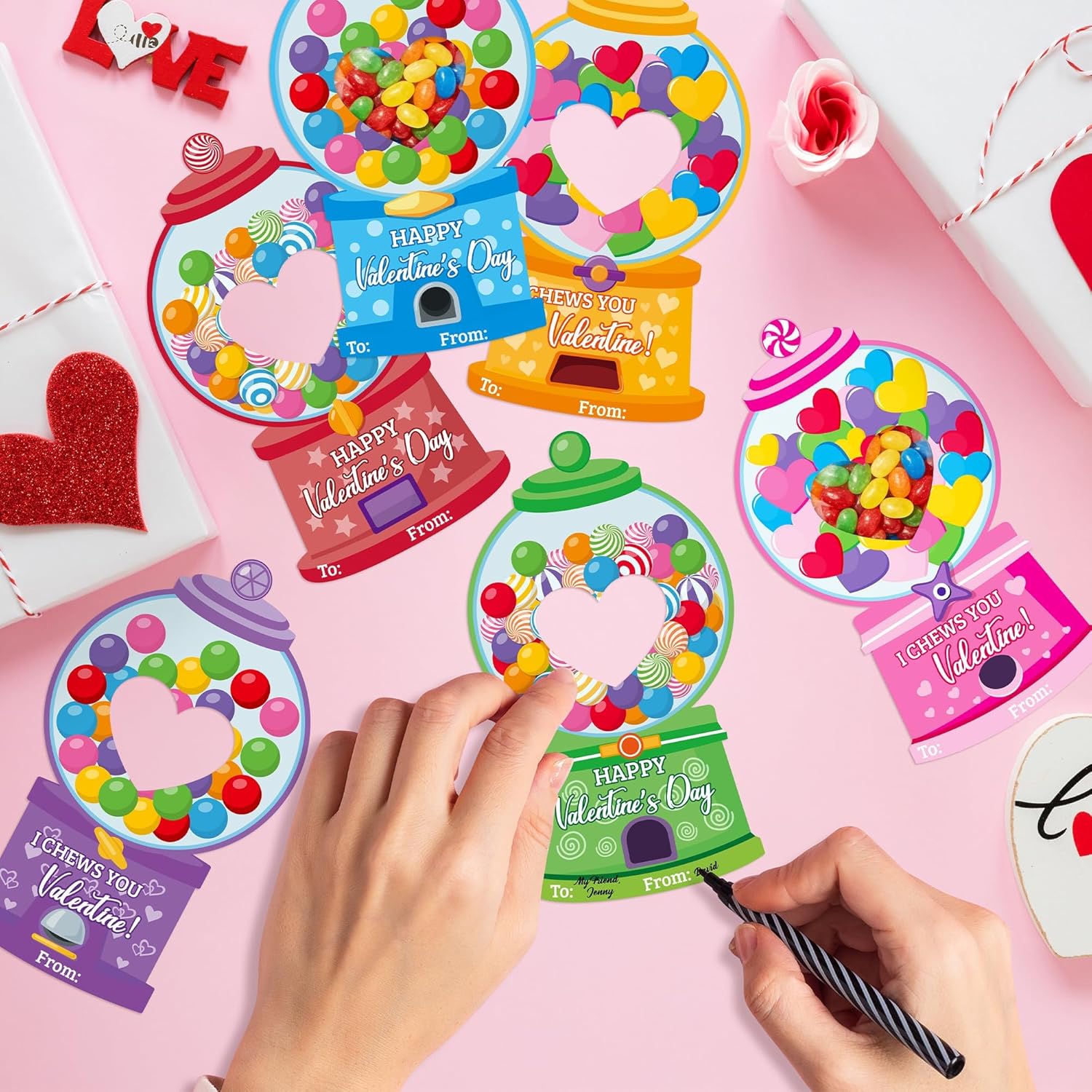 48 Set Valentines Day Gumball Machine Candy Holder Greeting Card, Funny Exchange Card Bulk With Treat Bag For Kids Classroom Activities, Diy Exchange Gift For Boy Girl Valentines Party Favors