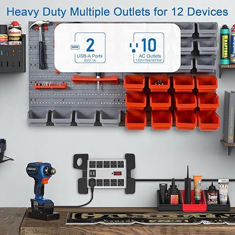 Heavy Duty Metal Surge Protector Power Strip 10 Outlets USB Ports 2700J 5FT Wall Mount Grey