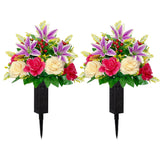 2 Sets Vibrant Cemetery Flowers - Beautiful Grave Decorations With Artificial Roses And Silk Flowers (Red, 2 Bouquets)