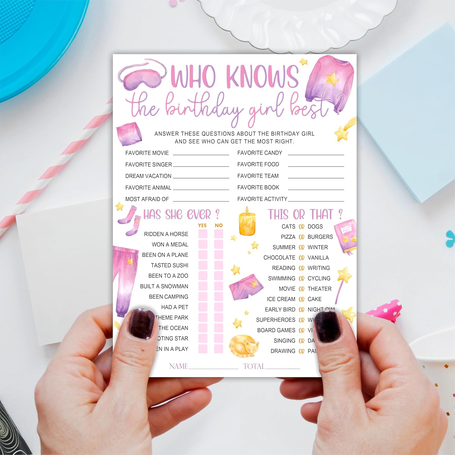 6"X8" Who Knows The Birthday Best - Watercolor Girl'S Slumber Party - Funny Double-Sided 3-In-1 Game Card Set For Birthday Party, Sleepover Party Activities Supplies (20 Pcs)- A06