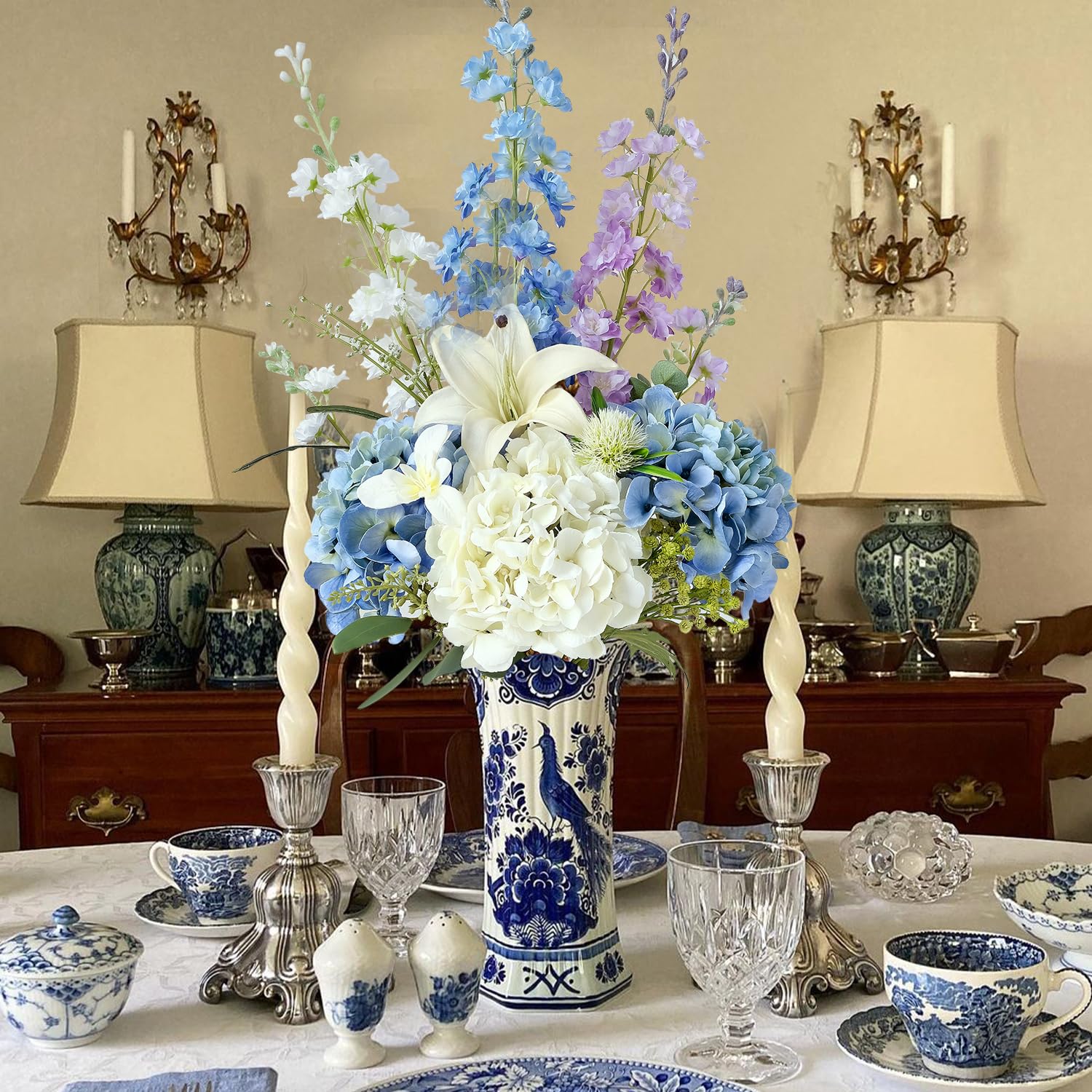 4Pcs Blue Delphinium Artificial Flowers, 34'' Lifelike Faux Larkspur Silk Flowers,Long Stem Fake Delphinium Plant Flower For Tall Floor Vase Outdoor Bouquet Home Table Kitchen Decor