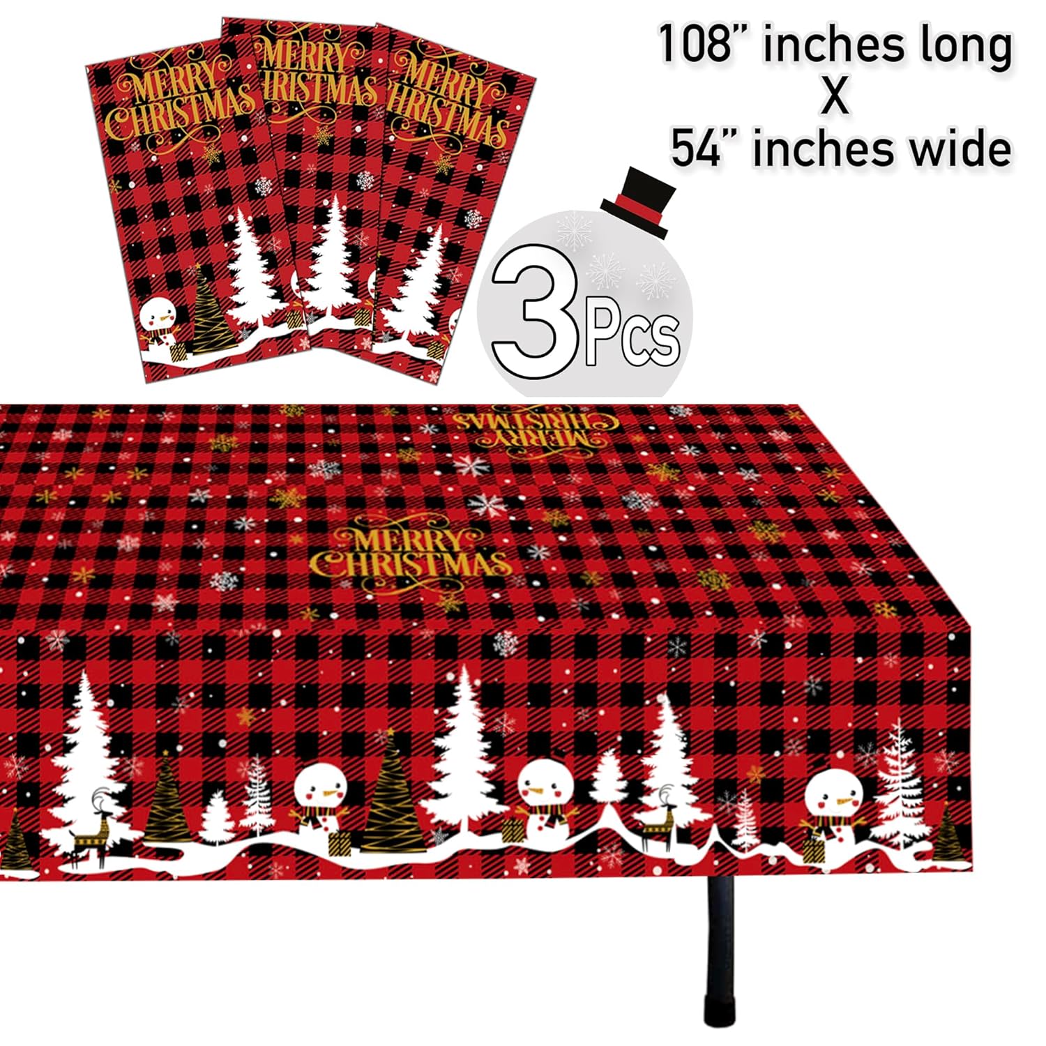 Christmas Plastic Tablecloth | 3 Pcs Pack (54” Inch Wide X 108” Inch Long) | Xmas Rectangular Table Cover | Snowman, Merry Christmas Table Decoration | Christmas Party Decorations Tablecover