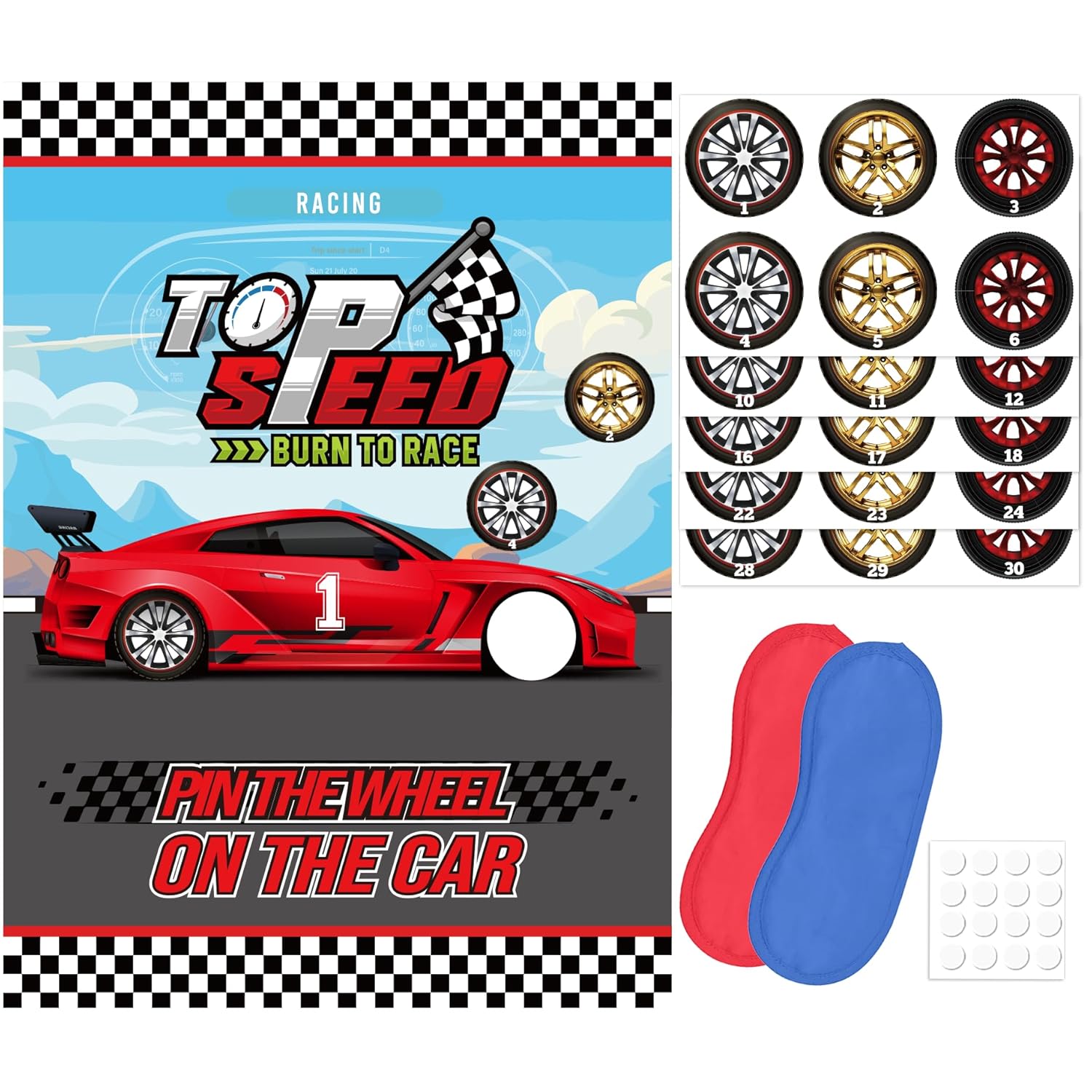 Pin The Wheels On The Car Games, Race Car Birthday Party Games With 30 Tyres Stickers, 2 Blindfolds For Car Theme Birthday Party Baby Showe Game Racing Car Party Gifts Decor