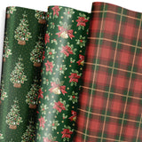 Christmas Wrapping Paper 6 Sheets, Vintage Green Christmas Trees, Poinsettia, Red Bow Bells, Red Green Buffalo Plaid, Folded Flat For Holidays Party 19.7" X 27.5" Per Sheet