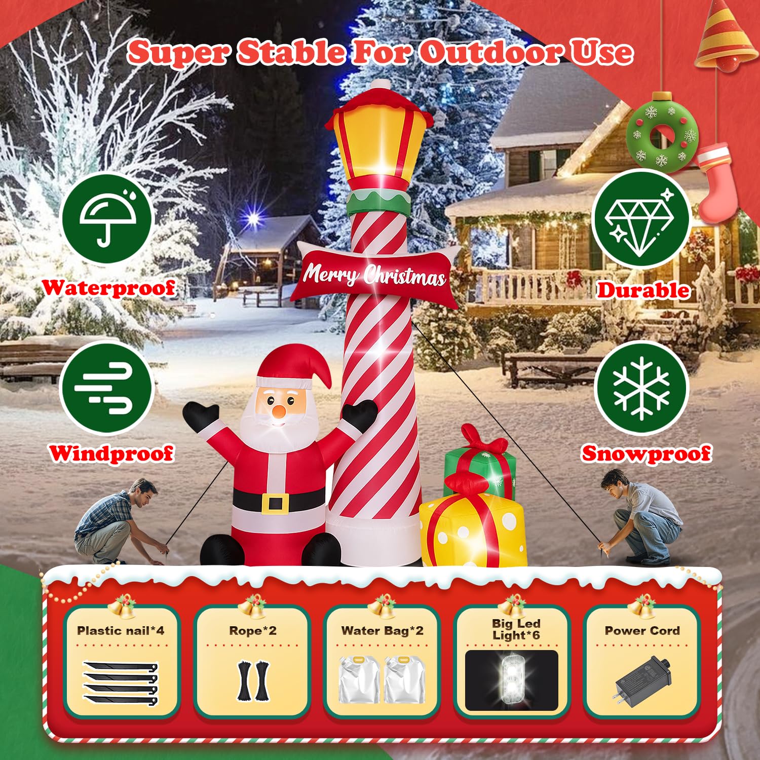 8Ft Christmas Decorations Outdoor Inflatables Giant Santa Claus Stands Under The Lighthouse With Gift Box, Blow Up Built