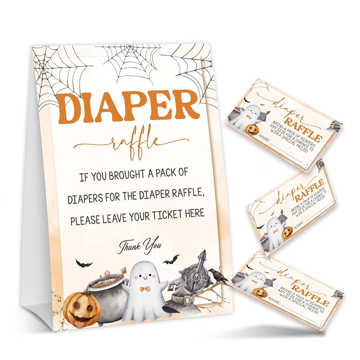 Halloween Baby Shower Games, Ghost Diaper Raffle Tickets For Pumpkin Gender Reveal Party Supplies Decorations, 1 Standing Sign + 50 Tickets - A01