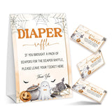 Halloween Baby Shower Games, Ghost Diaper Raffle Tickets For Pumpkin Gender Reveal Party Supplies Decorations, 1 Standing Sign + 50 Tickets - A01