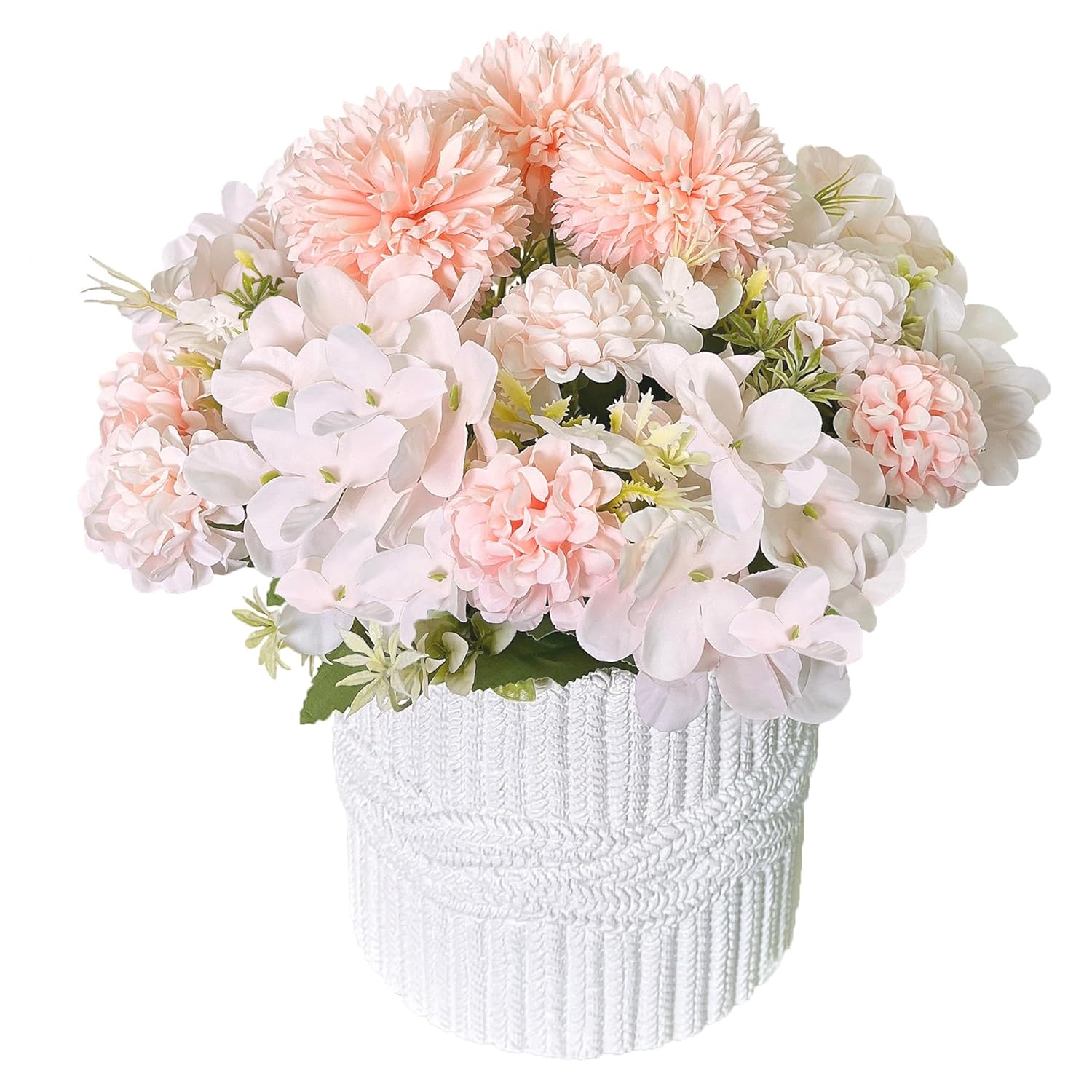 Artificial Flower Arrangements With Polyresin Vase 11’’ Height, Champagne Silk Hydrangea Flower Combination In White Plant Pot Table Centerpieces For Home Decoration