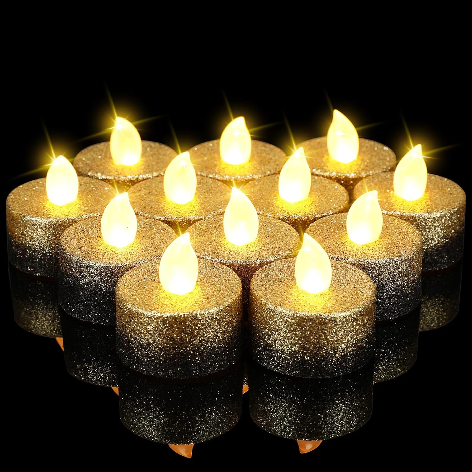 24 Pcs Flameless Led Tea Lights Gold Black Glitter Flickering Fake Led Candles Tealights Battery Operated Romantic Anniversary Decorations Winter Decor For Valentines Wedding Christmas Party