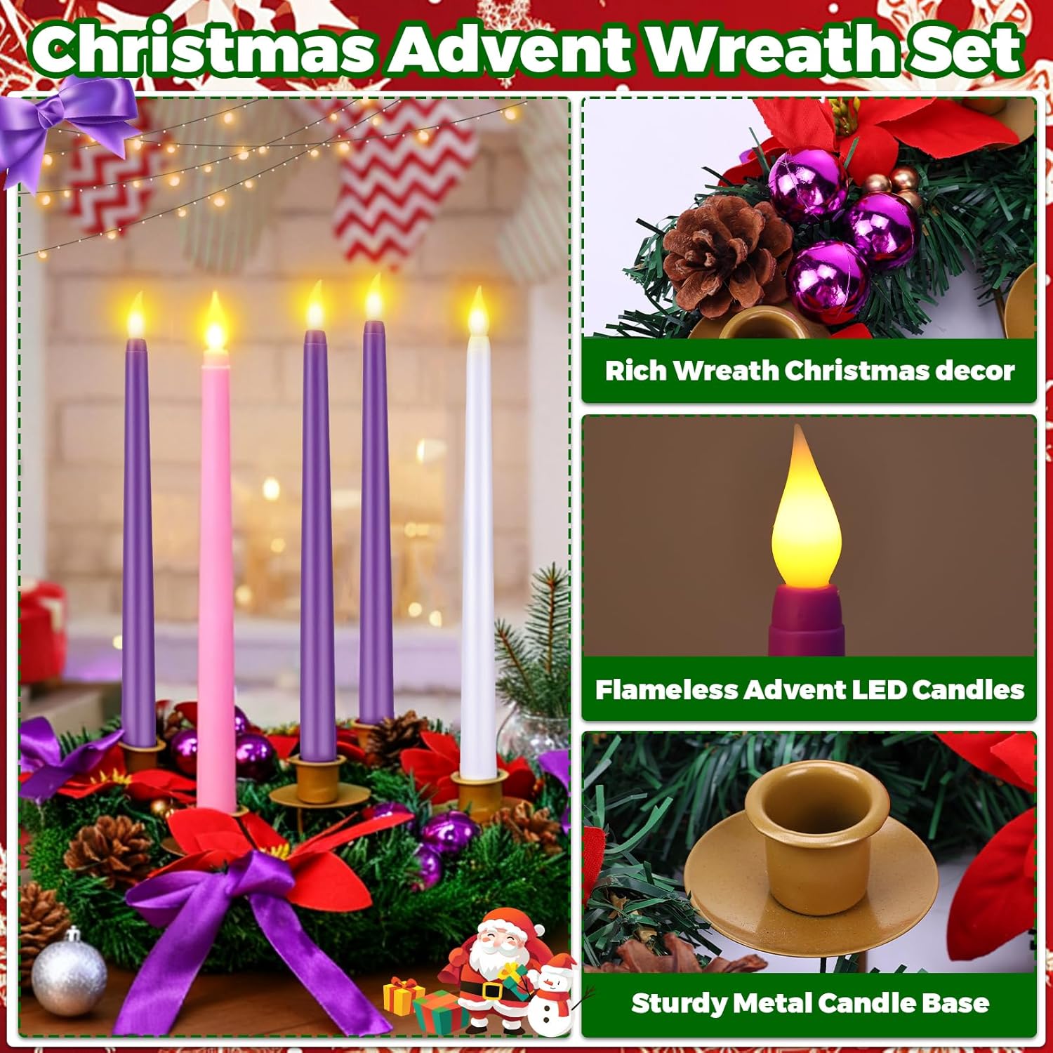 11Inch Christmas Advent Wreath 5 Flameless Taper Candles Set, Advent Wreath With Ribbon Pine Cones Poinsettias Purple Pink White Flameless Advent Candles For Christmas Centerpiece Table Xmas Decor