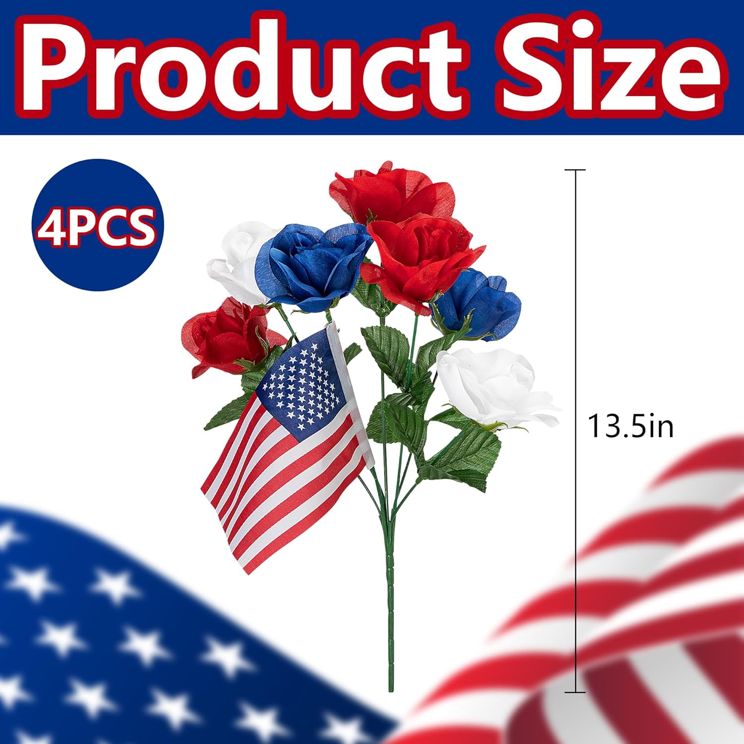4 Bunches Memorial Day Artificial Flowers, Red Blue White Cemetery Flower With Flags, Patriotic Bouquet Decorations For Veterans Day 4Th Of July Independence Day Grave Home Decor