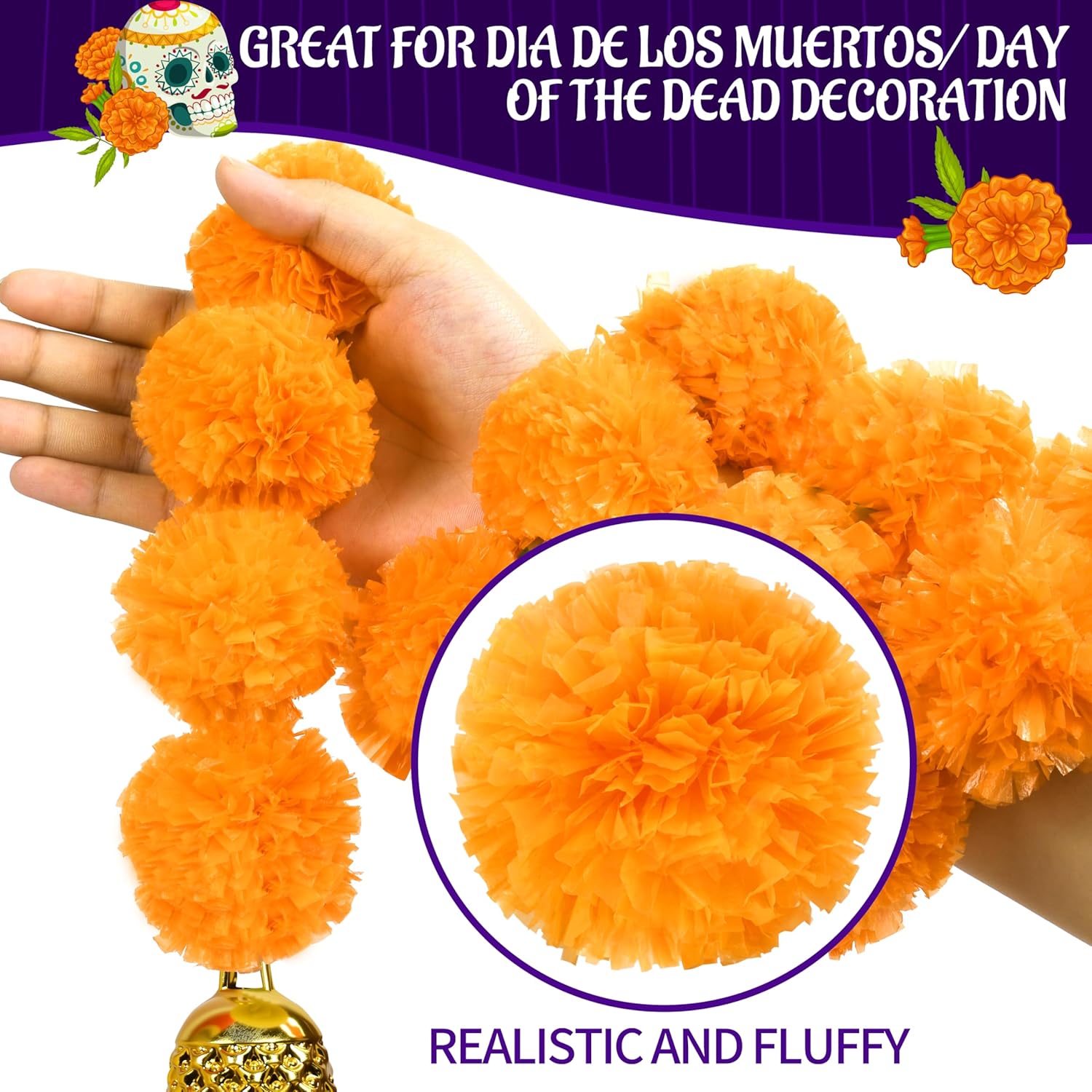 6 Pcs 5 Feet Long Strands Marigold Flowers Garland With Bell Indian Wedding Decoration Artificial Decorations For Altar Faux Flower For Diwali, Pooja, Bush Floral Party (Orange)