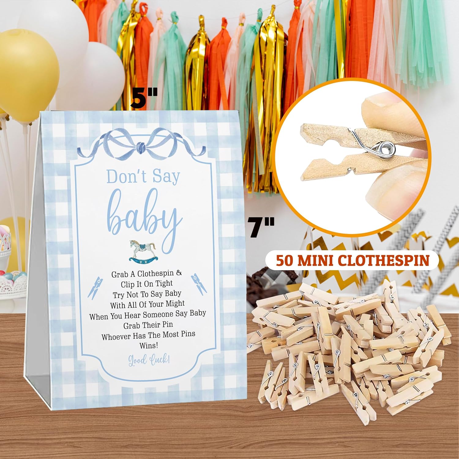 Baby Blue Boy Baby Shower Games, Don'T Say Baby Game For Baby Shower (One Sign With 50 Mini Clothespins),Blue Gingham Theme Baby Shower Decorations, Gender Reveal Game-Dsbb33