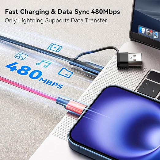 2 Pack 6FT 6 in 1 Multi Charging Cable USB A USB C to Lightning USB C Micro USB Braided Cord