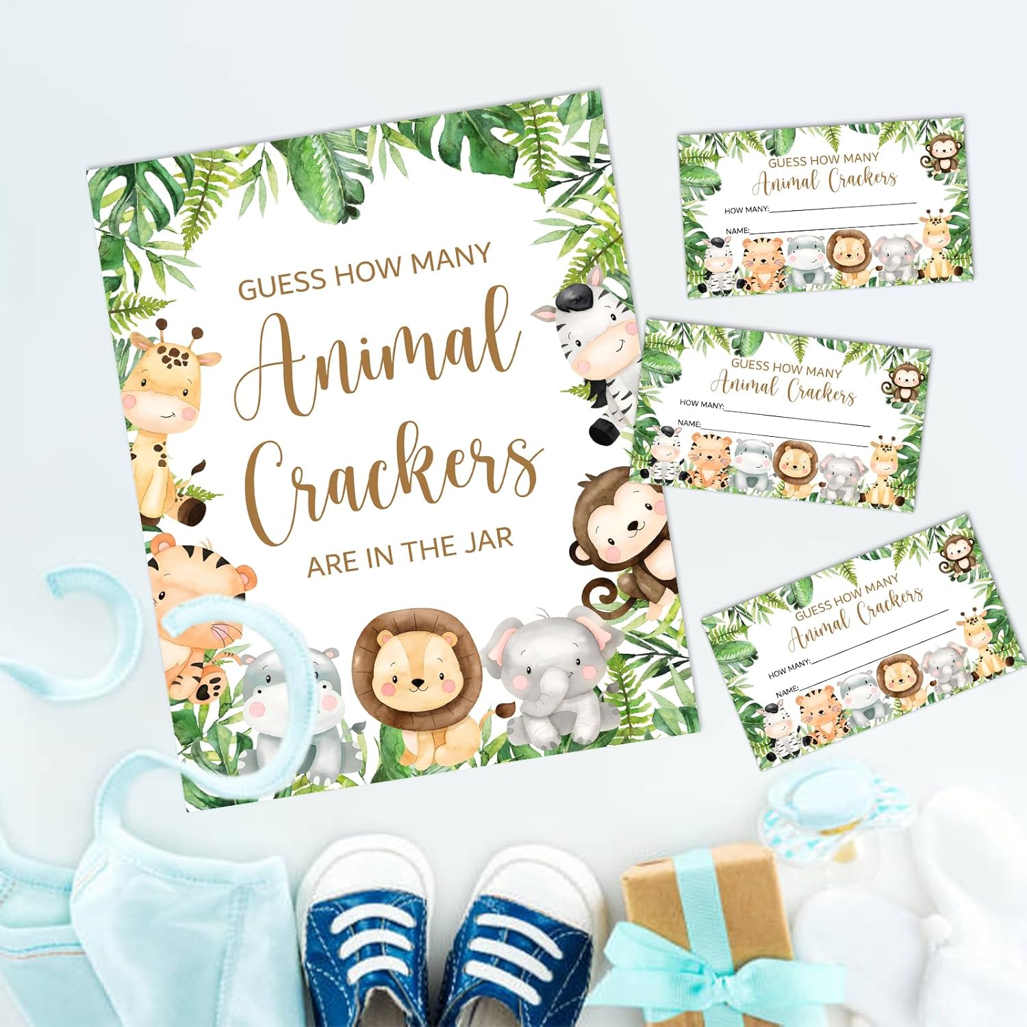 Jungle Animal Theme Guess How Many Animal Crackers Baby Shower Game, Safari Theme Party Decoration, 1 Standing Sign And 50 String Card For Baby Shower Supplies