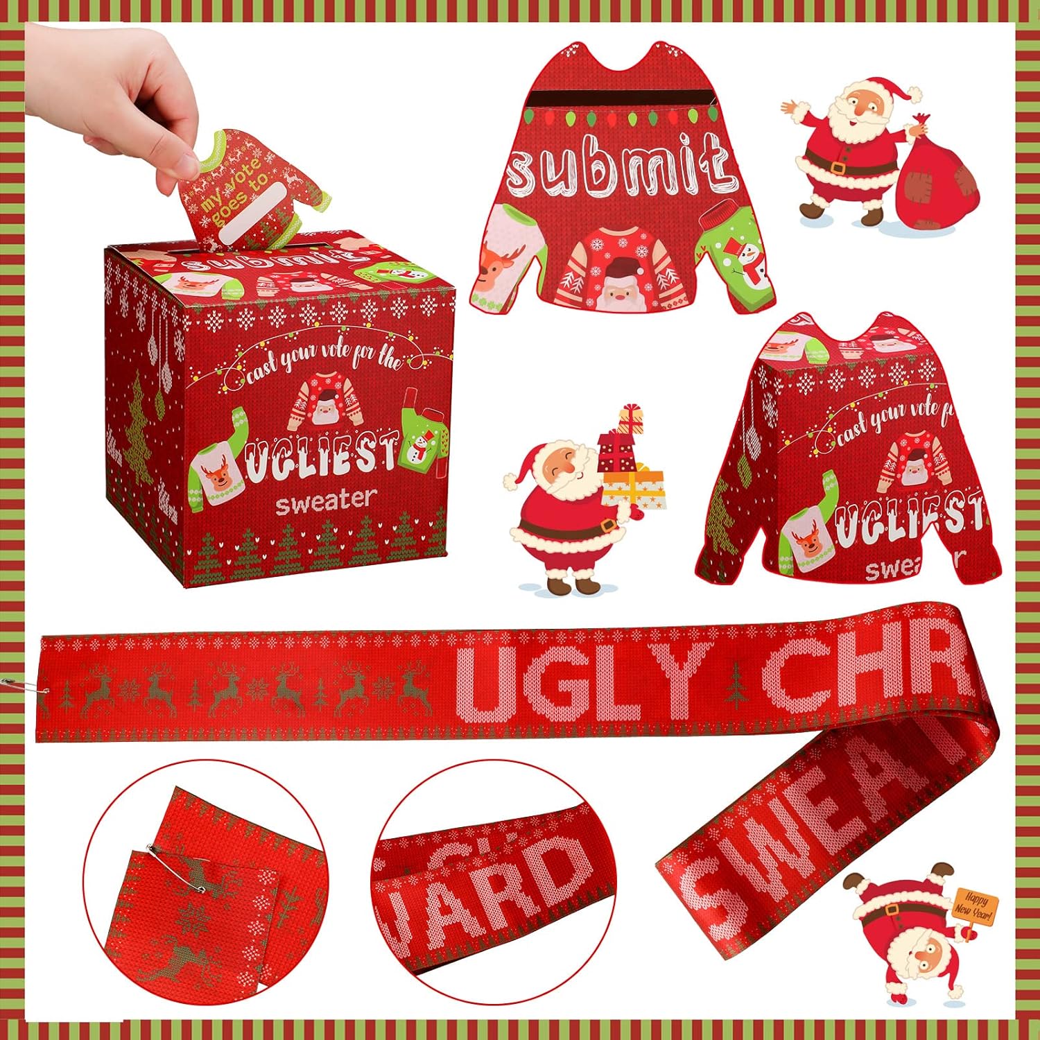 67 Pcs Christmas Ugly Sweater Game Sets With Ugly Sweater Contest Ballot Box, 60 Voting Cards, 3 Games Award Sashes, 3 Xmas Party Award Medal Badges For Christmas Holiday Party Decorations