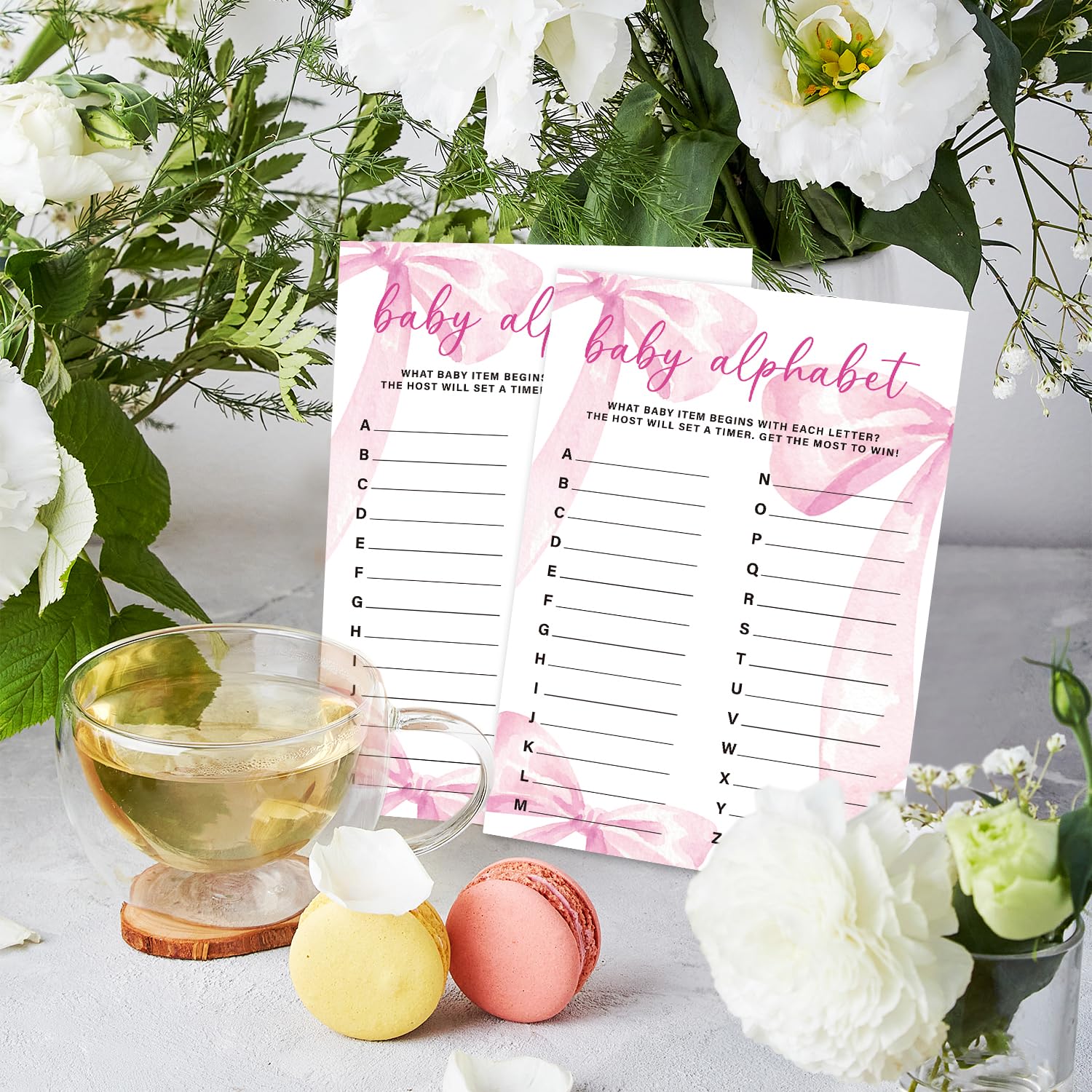 Baby Alphabet Game Cards For Baby Shower Games Activity, 30 Pink Bow Baby Shower Game Cards, Gender Reveal Party Games Supplies & Activities -P05